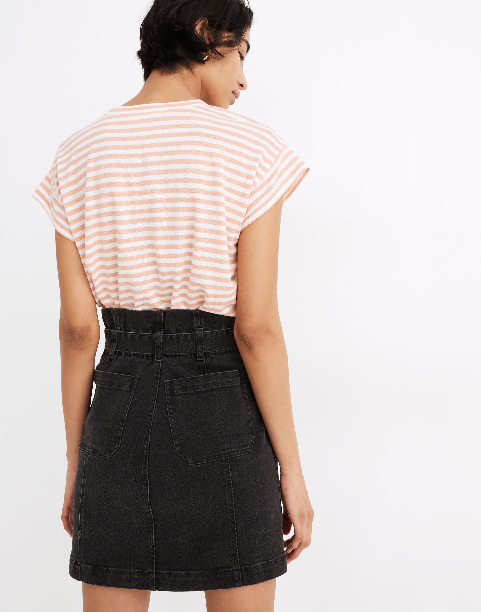 Stretch Denim Paperbag Mini Skirt in Lunar Wash