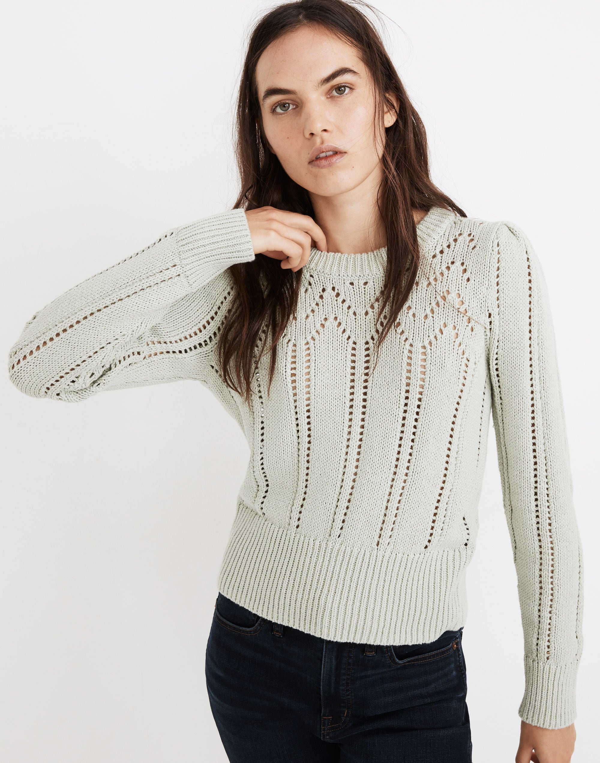Pointelle Puff-Sleeve Sweater