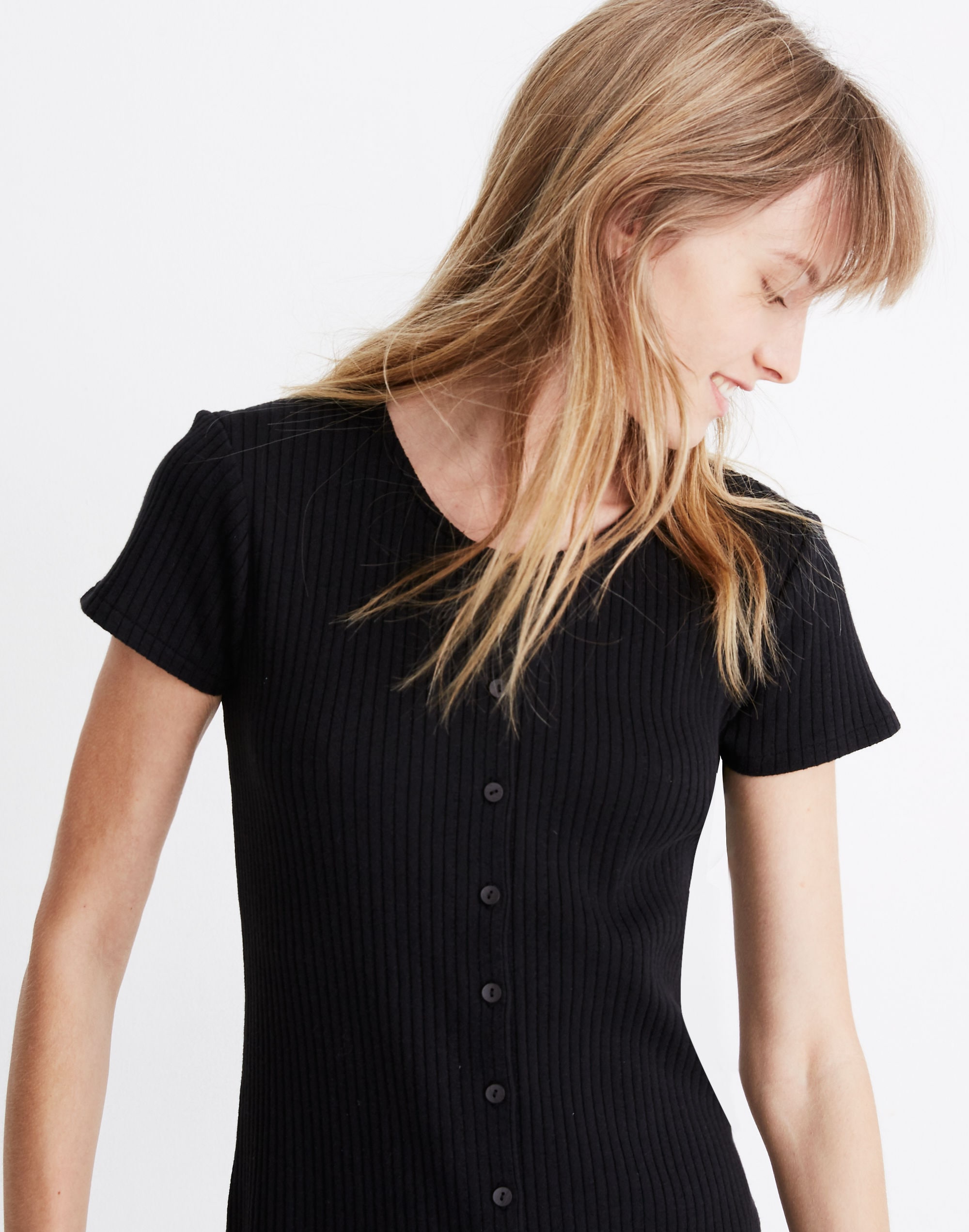 Button-Front Ribbed Mini Dress