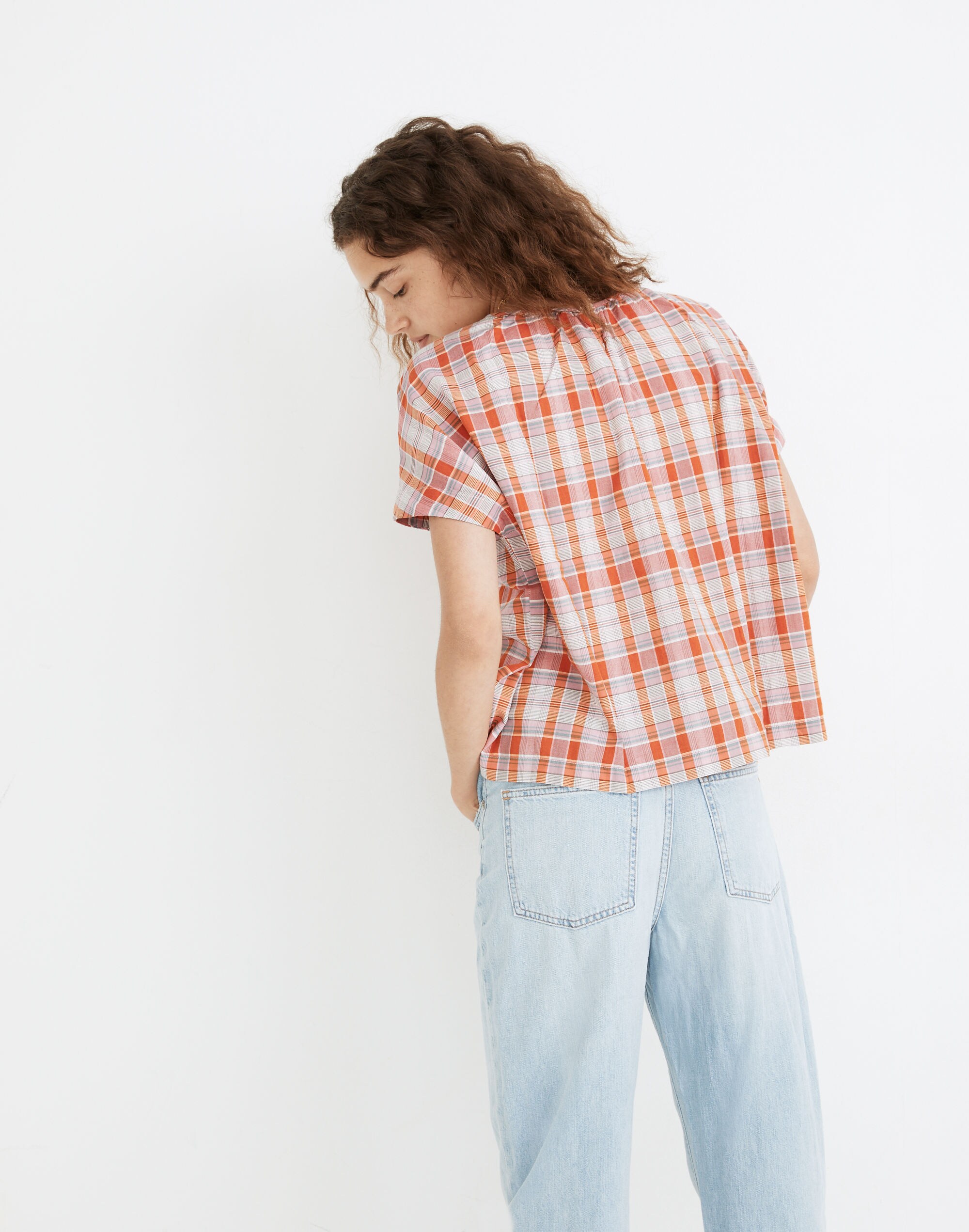 Plaid Shirred-Neck Boxy Top