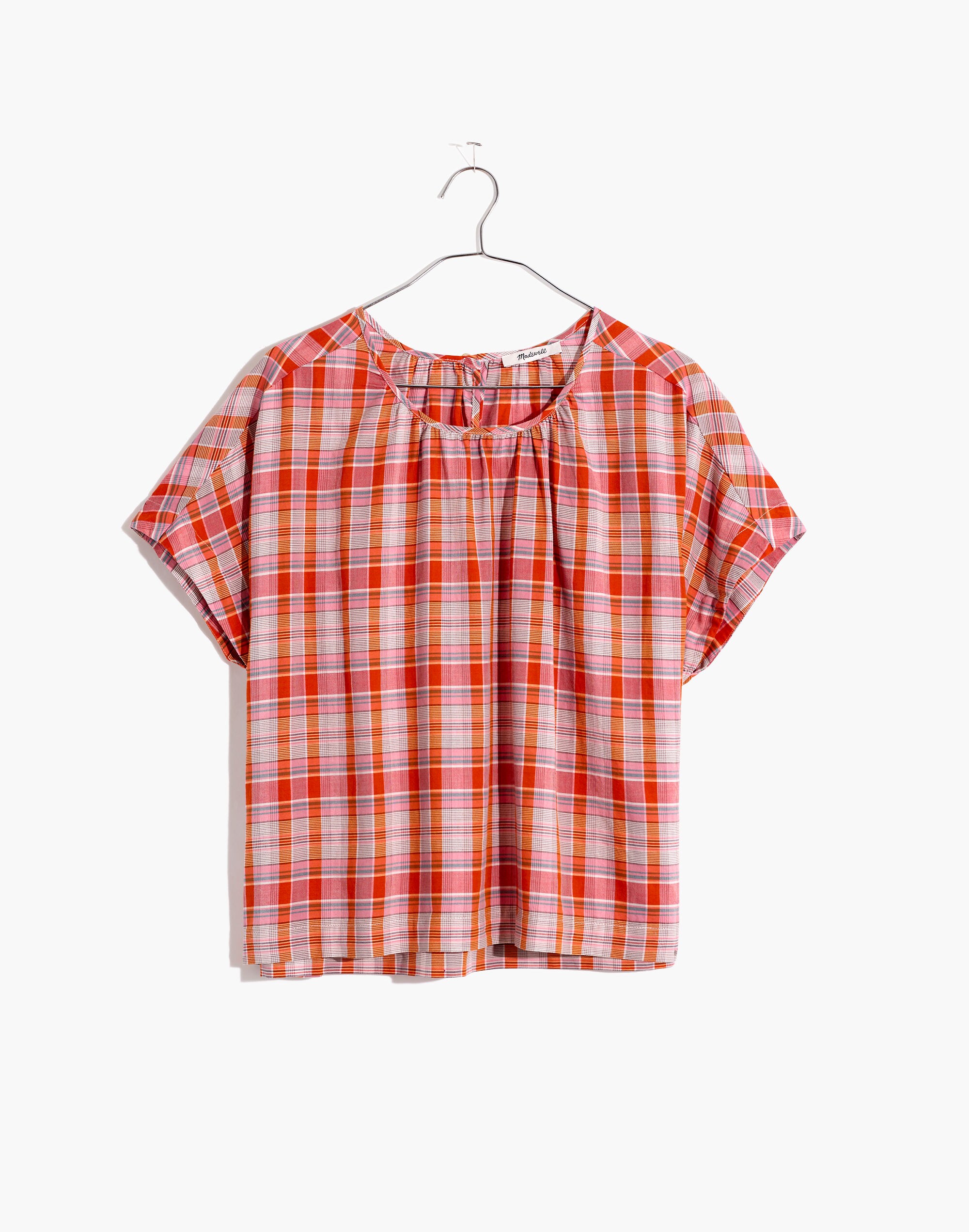 Plaid Shirred-Neck Boxy Top
