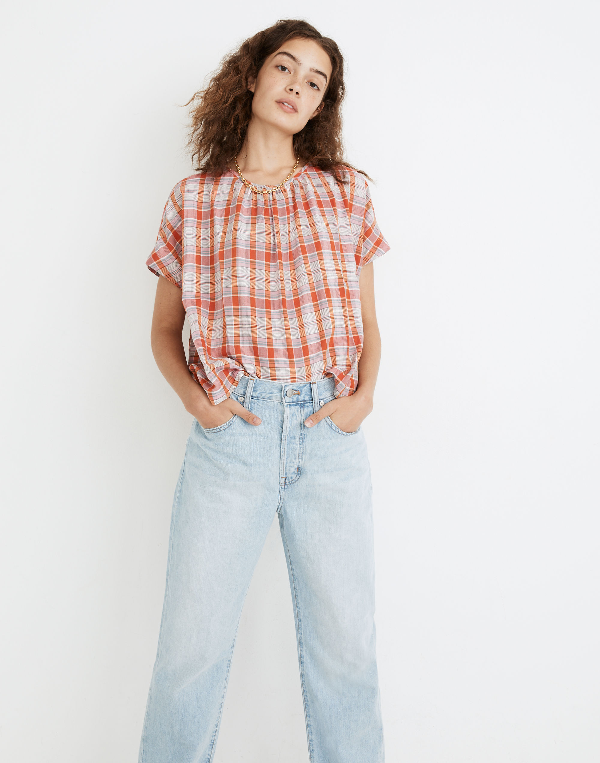 Plaid Shirred-Neck Boxy Top
