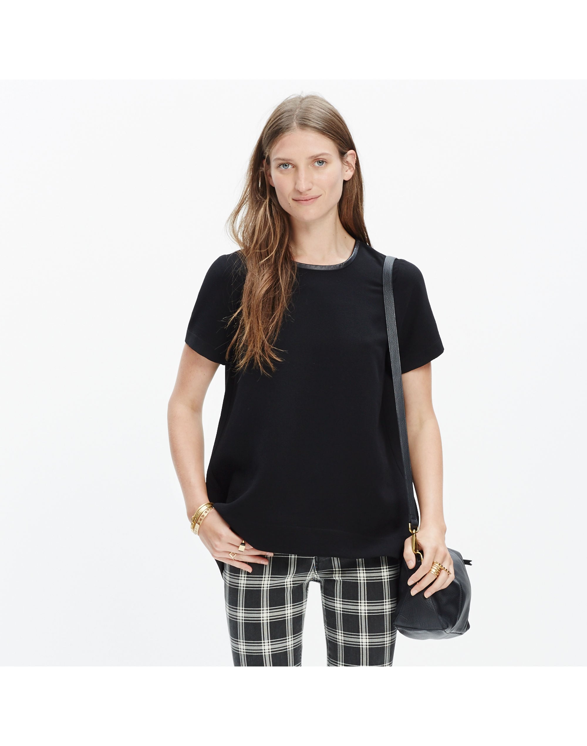 Leather-Trim Tailored Tee