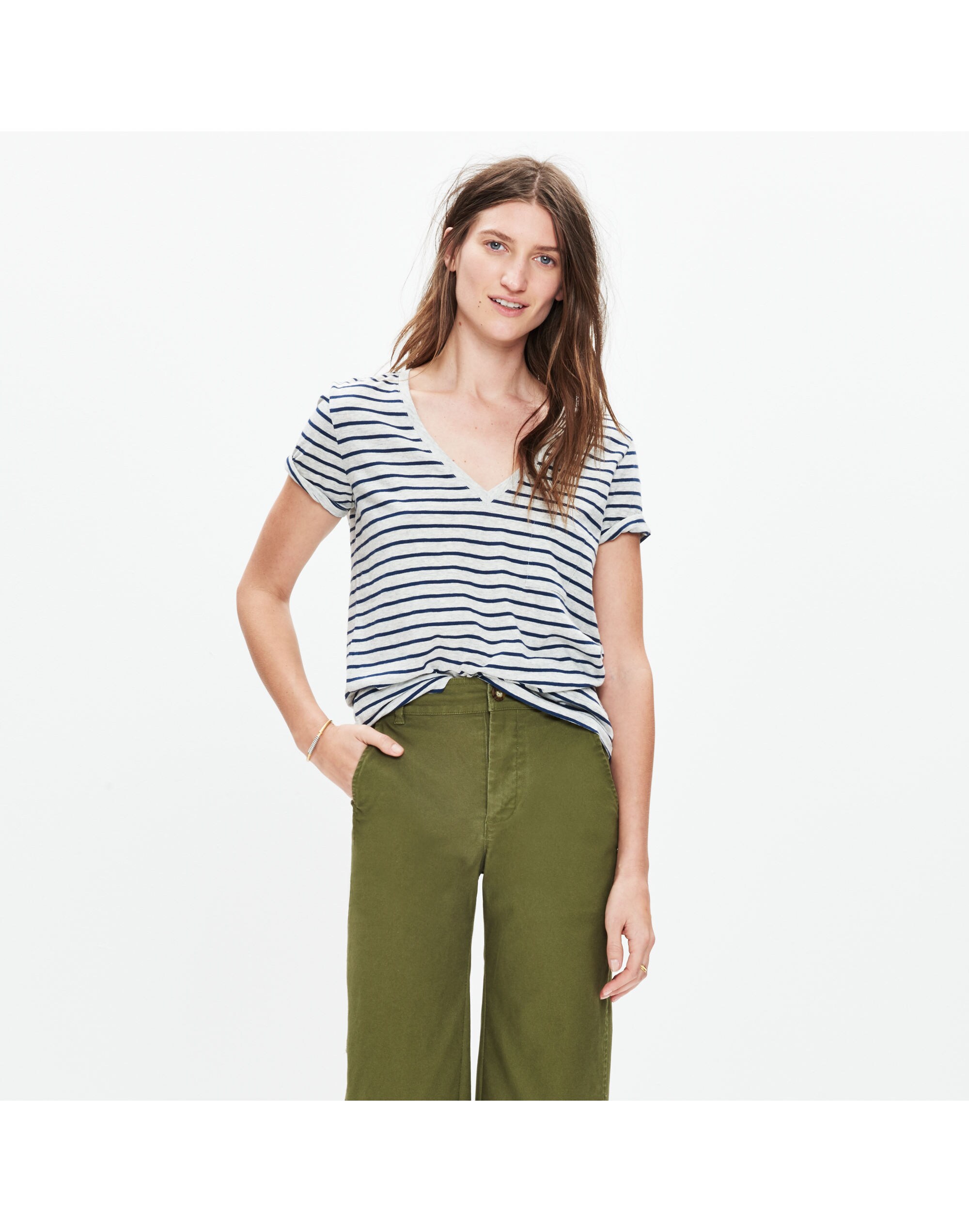 Whisper Cotton V-Neck Pocket Tee in Alhambra Stripe