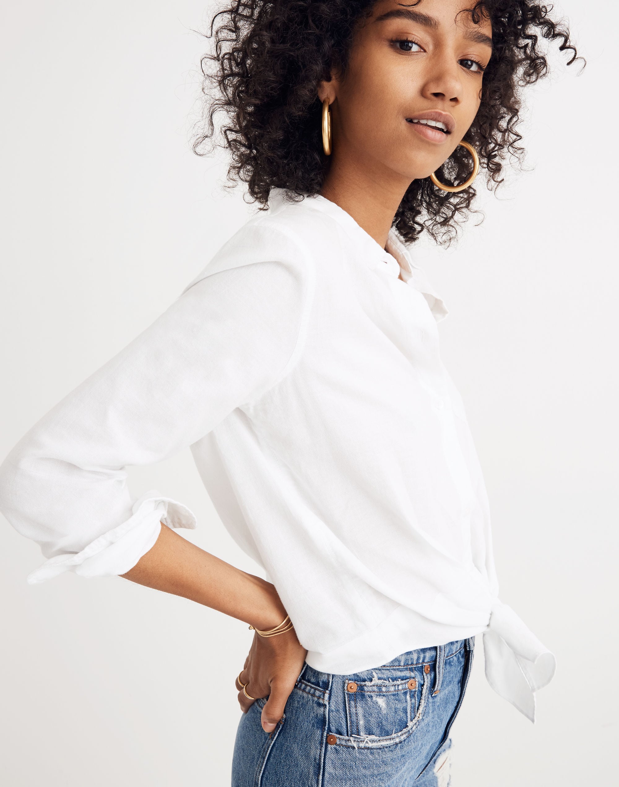 white tie-front shirt