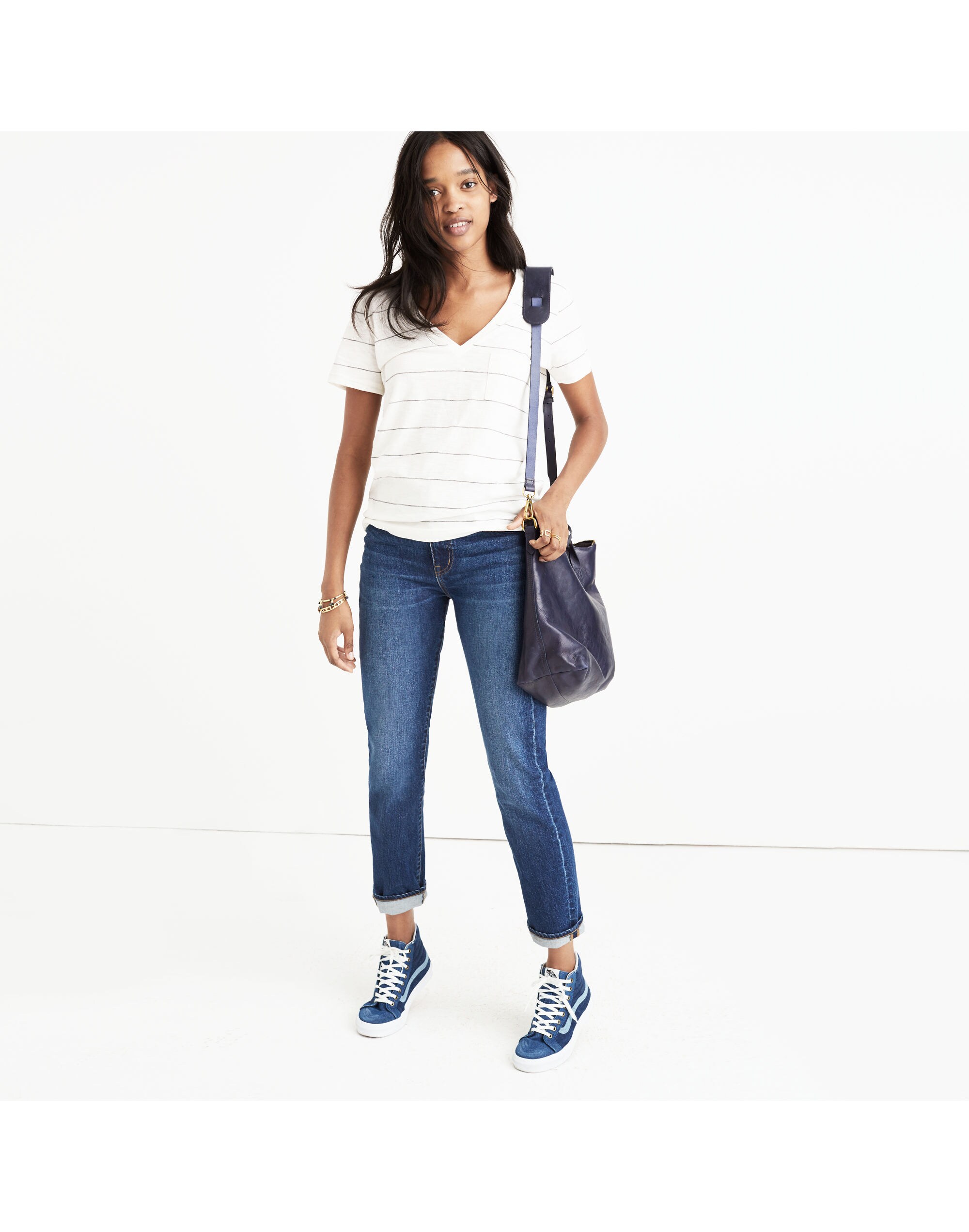 Whisper Cotton V-Neck Pocket Tee in Prine Stripe