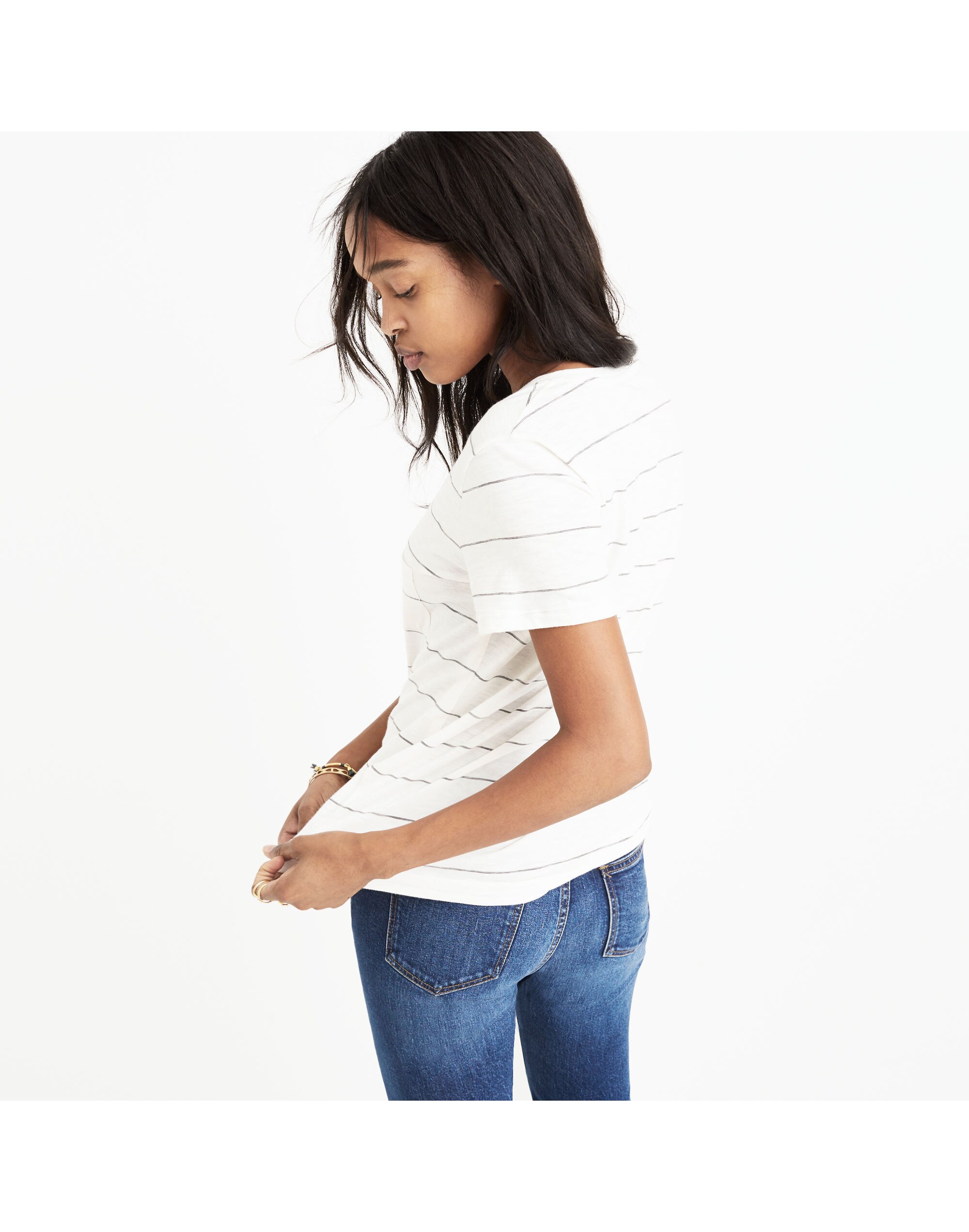 Whisper Cotton V-Neck Pocket Tee in Prine Stripe