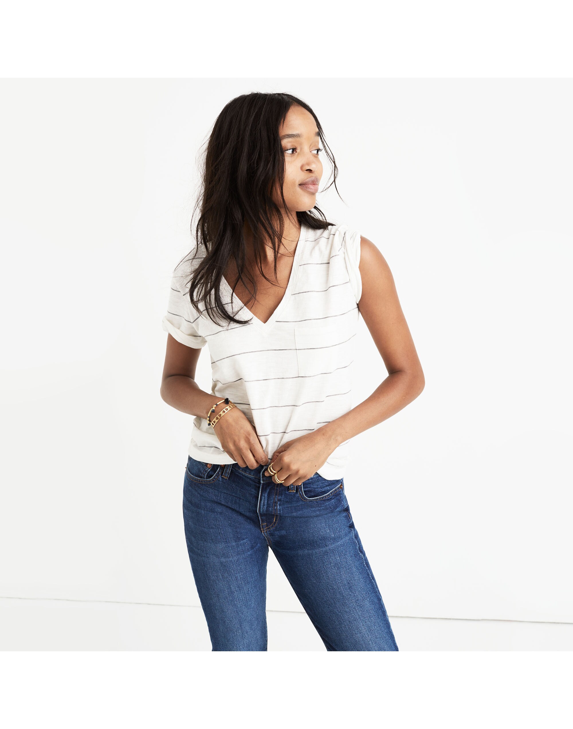 Whisper Cotton V-Neck Pocket Tee in Prine Stripe