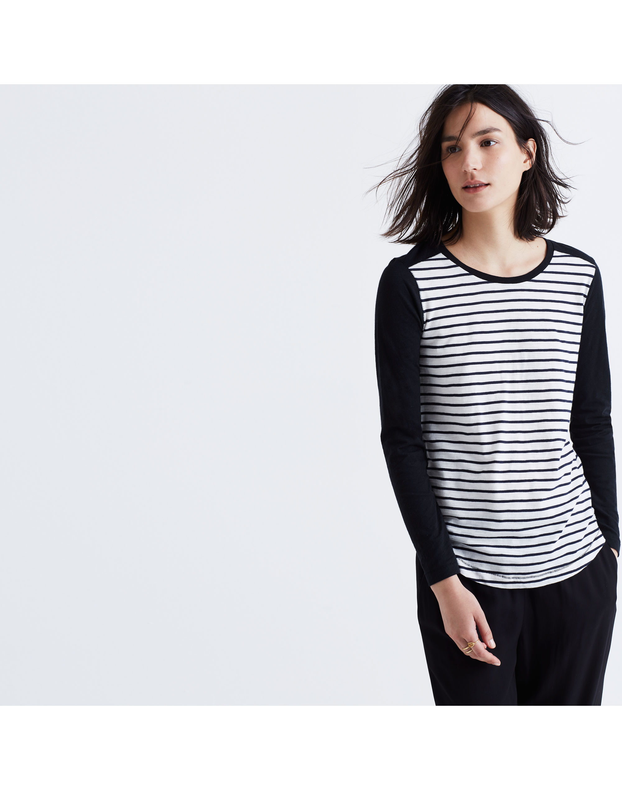 Whisper Cotton Long-Sleeve Crewneck Tee in Stripeblock