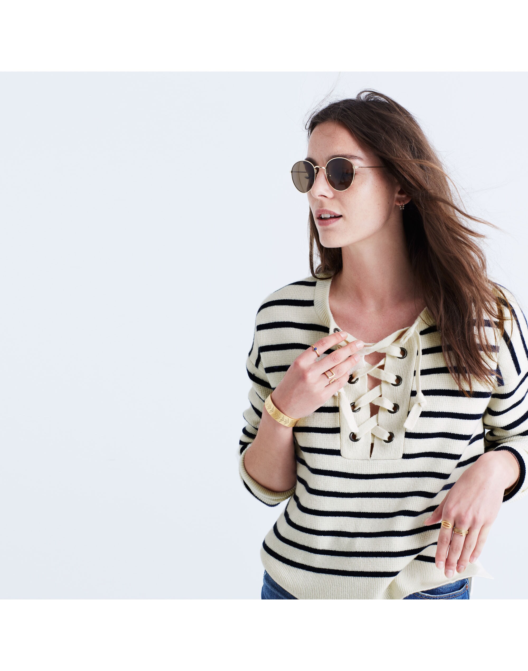 striped lace-up sweater