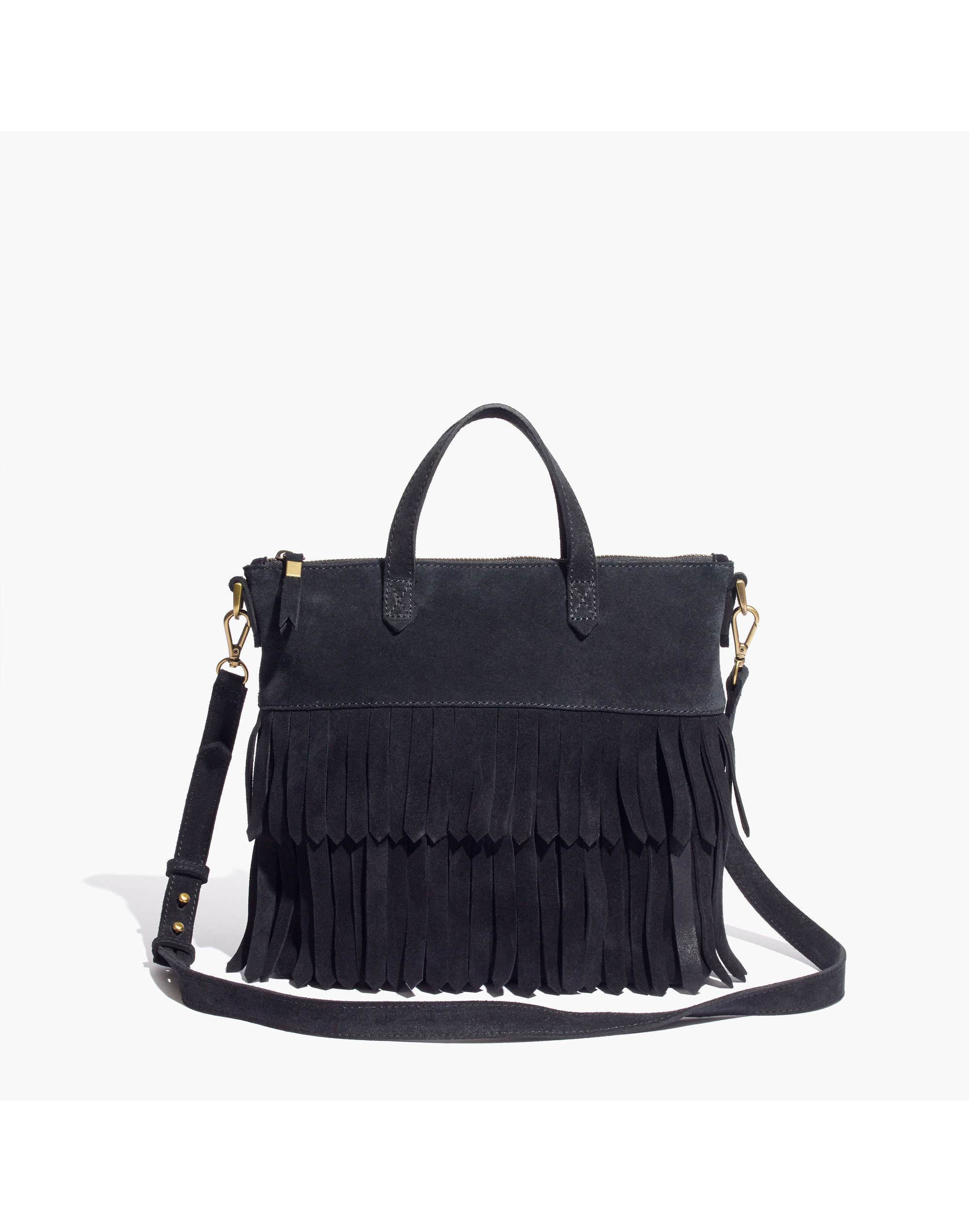 the transport crossbody: suede fringe edition