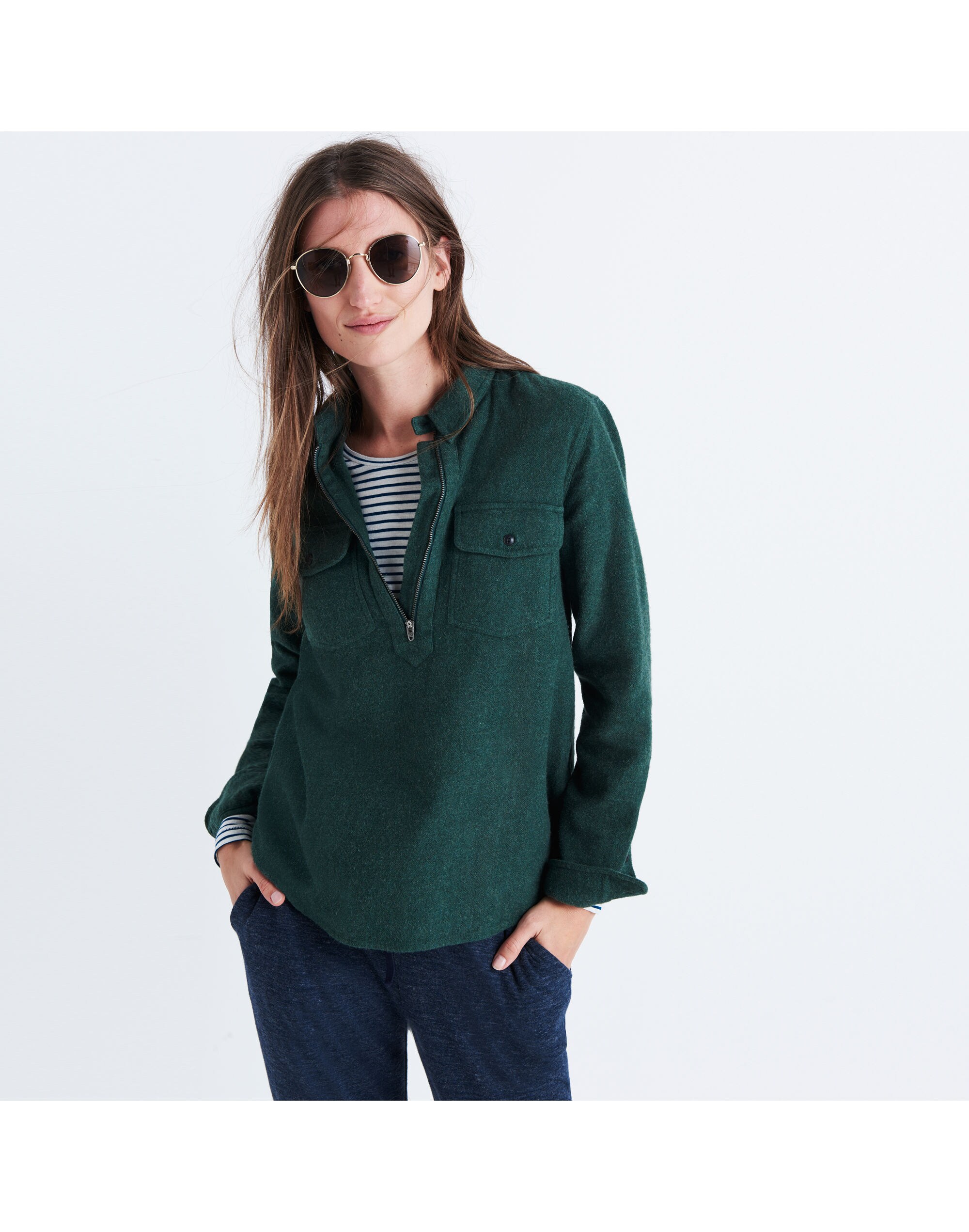 Flannel Zip-Front Popover Shirt