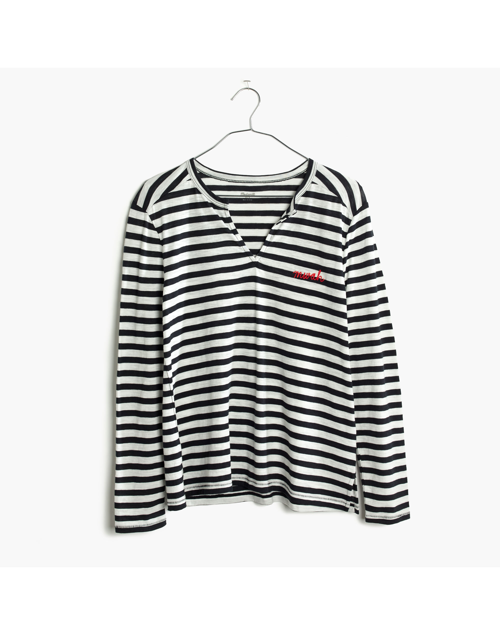Embroidered Whisper Cotton Split-Neck Tee in Estelle Stripe
