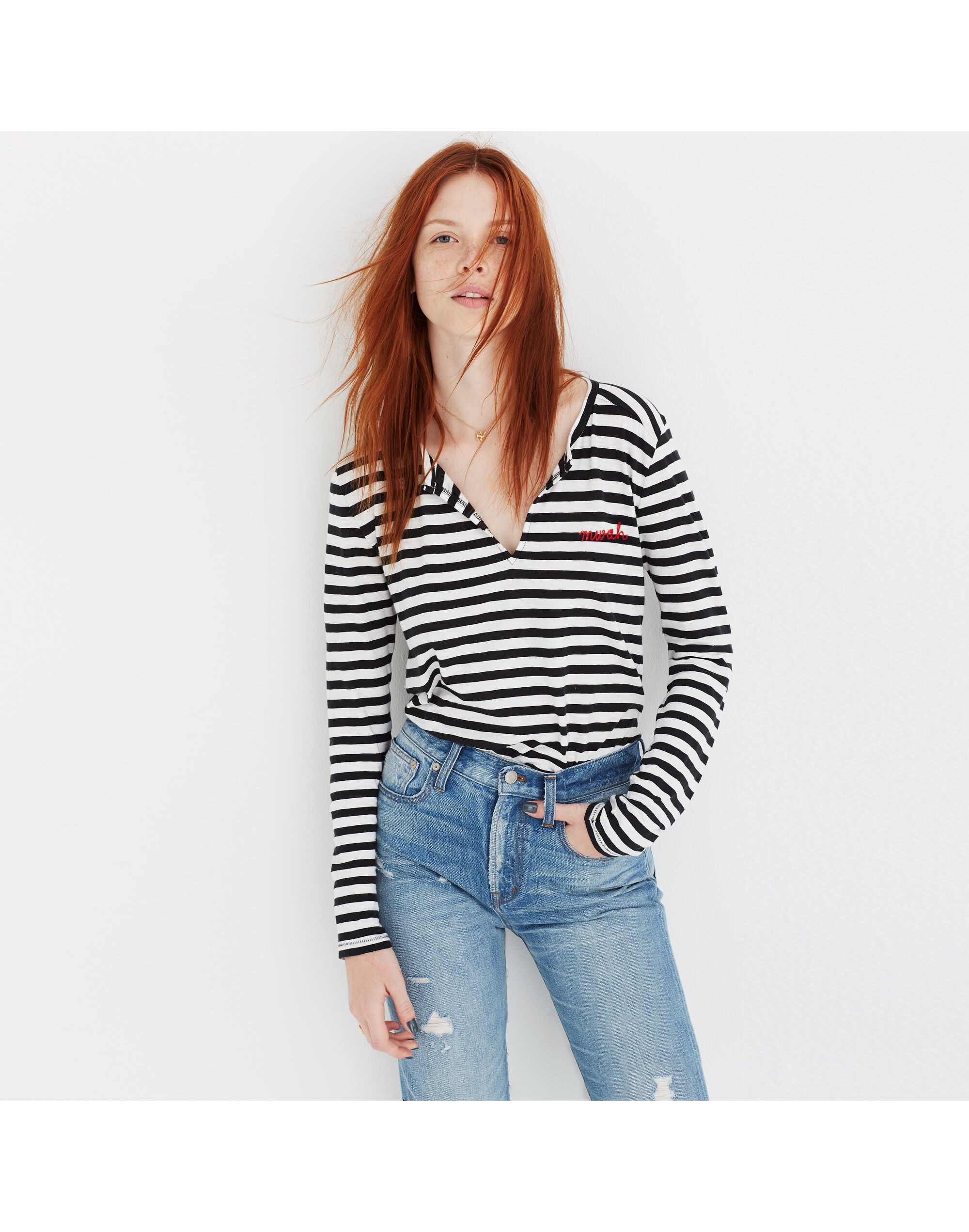Embroidered Whisper Cotton Split-Neck Tee in Estelle Stripe