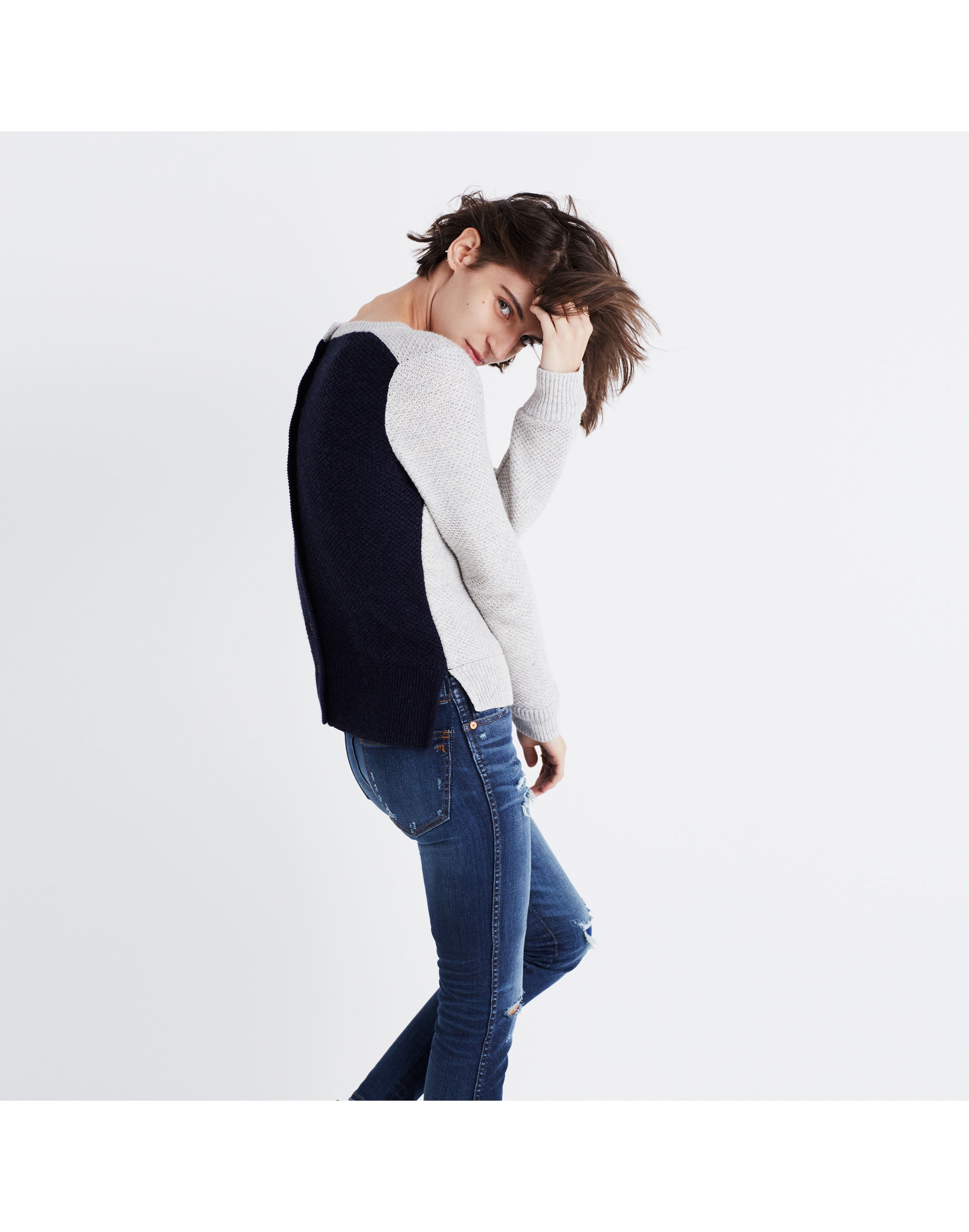 backroad button-back sweater in colorblock