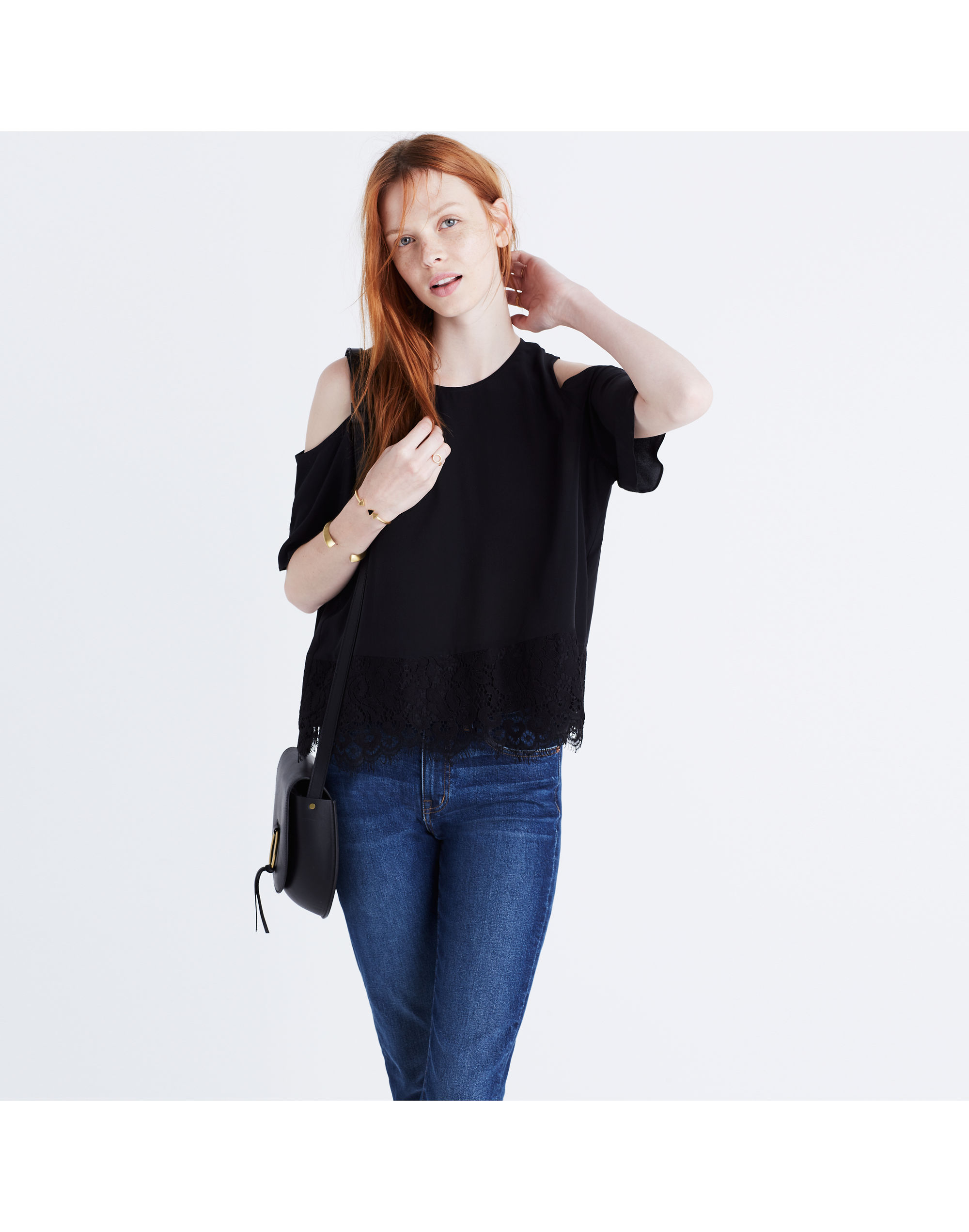 Lace-Edged Silk Cold-Shoulder Top