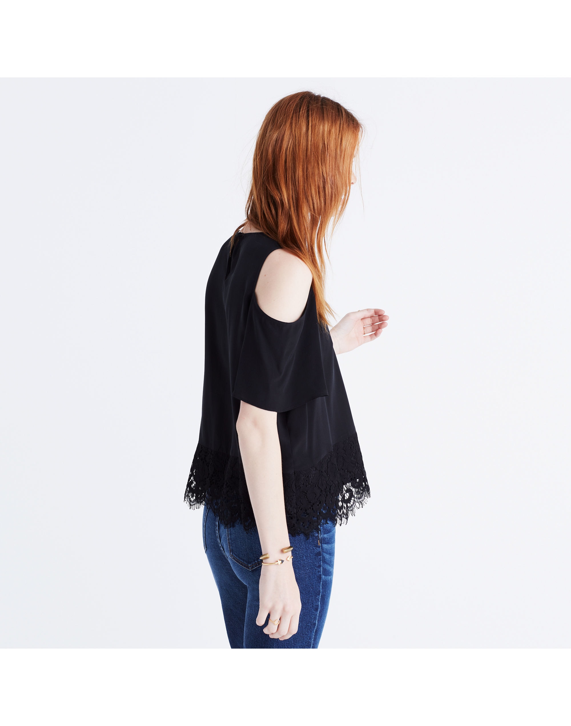 lace-edged silk cold-shoulder top