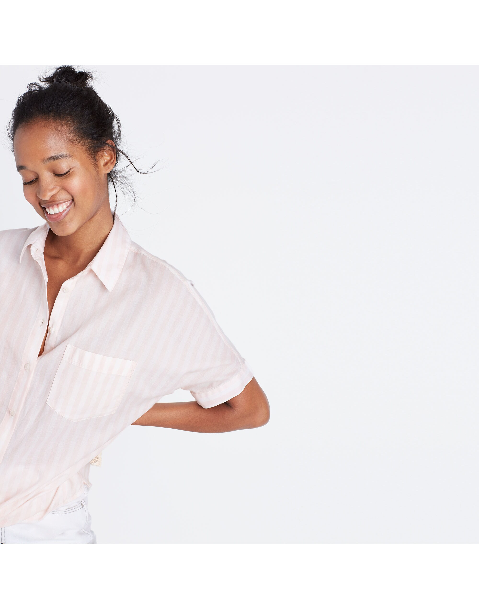 Short-Sleeve Tie-Front Shirt in Pink Stripe