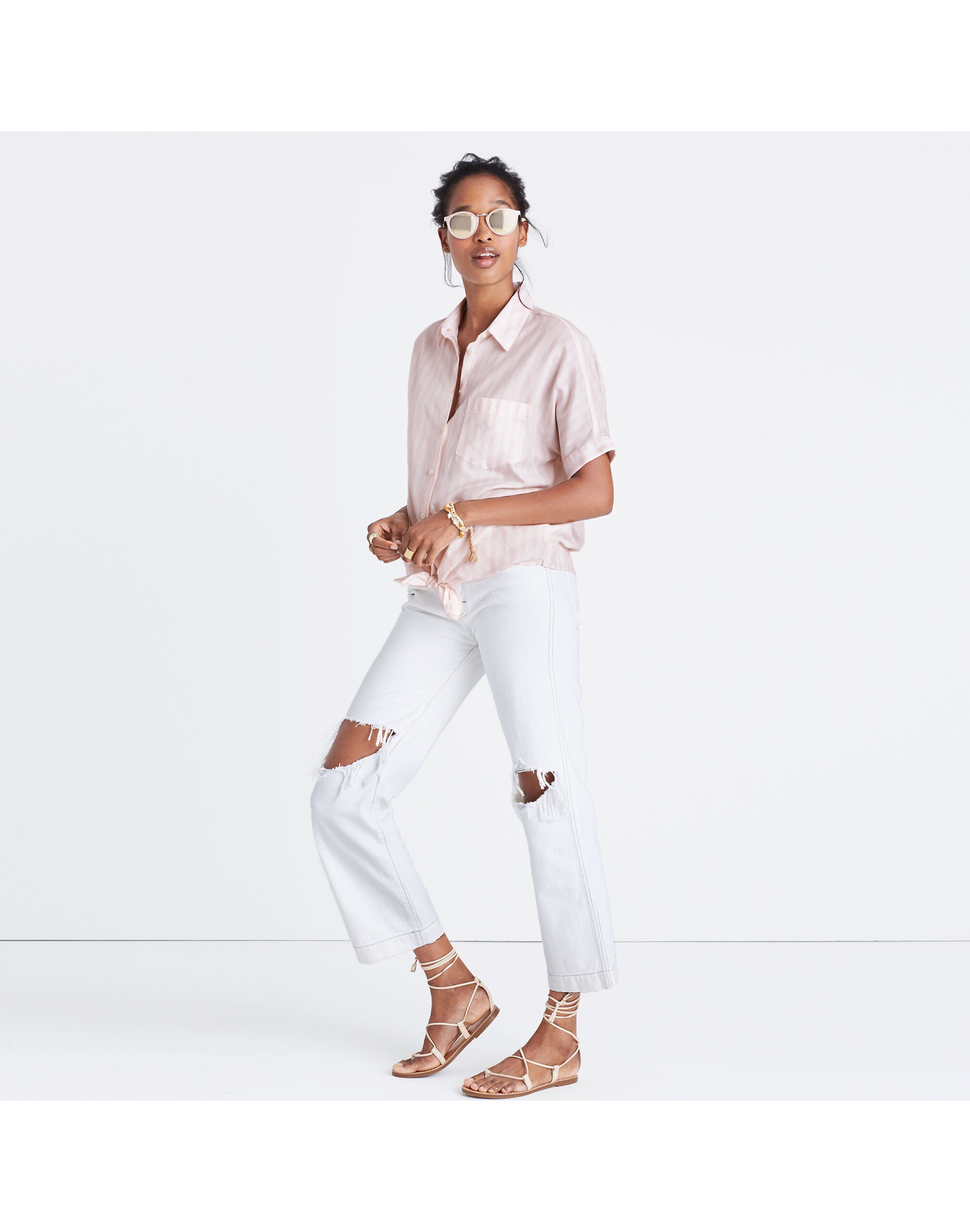 Short-Sleeve Tie-Front Shirt in Pink Stripe