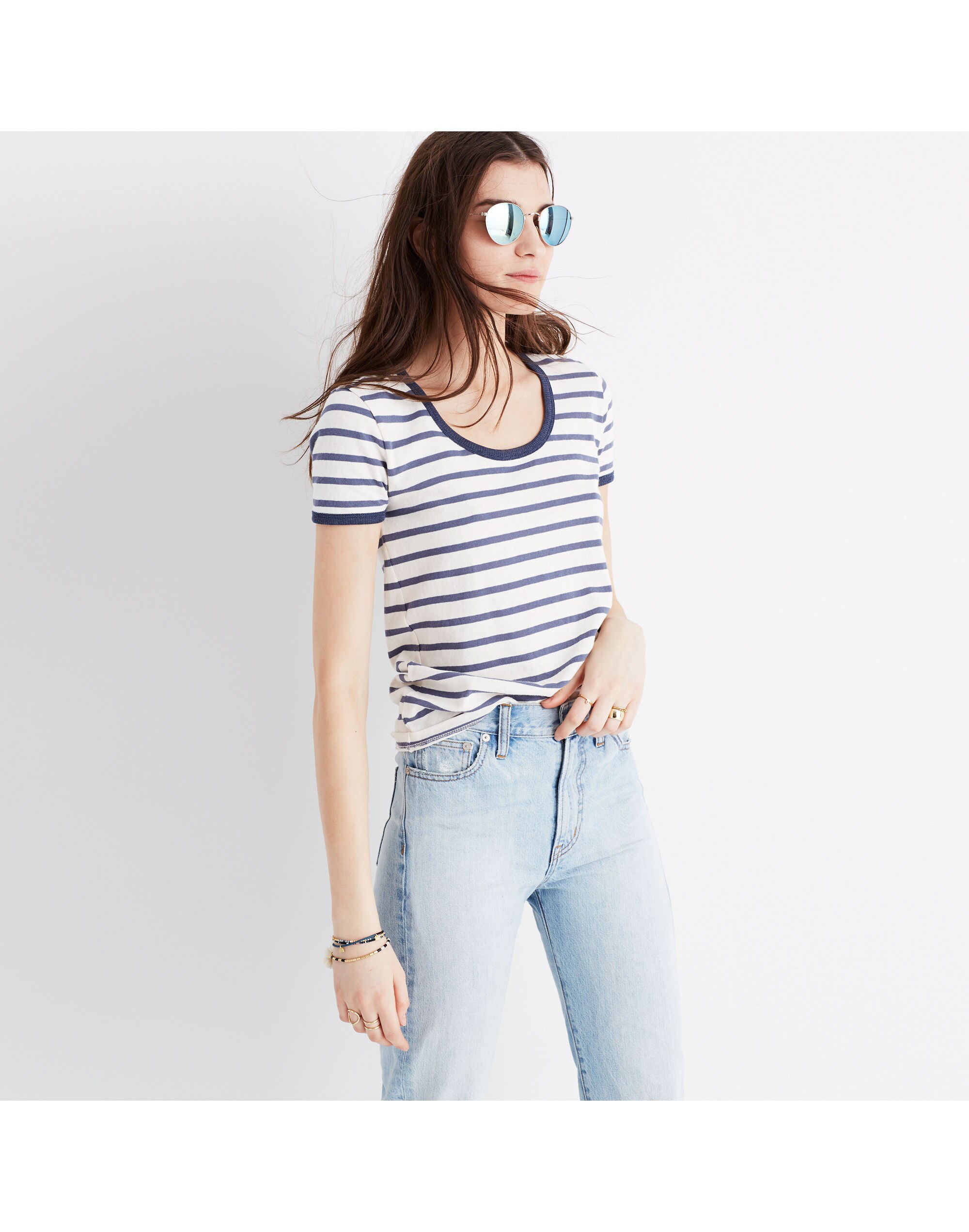 recycled cotton ringer tee in harmon stripe