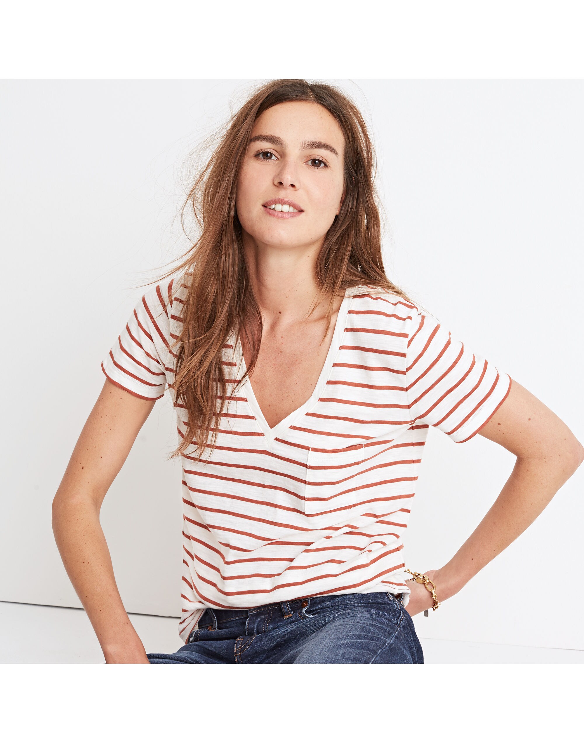 Whisper Cotton V-Neck Pocket Tee in Abilene Stripe