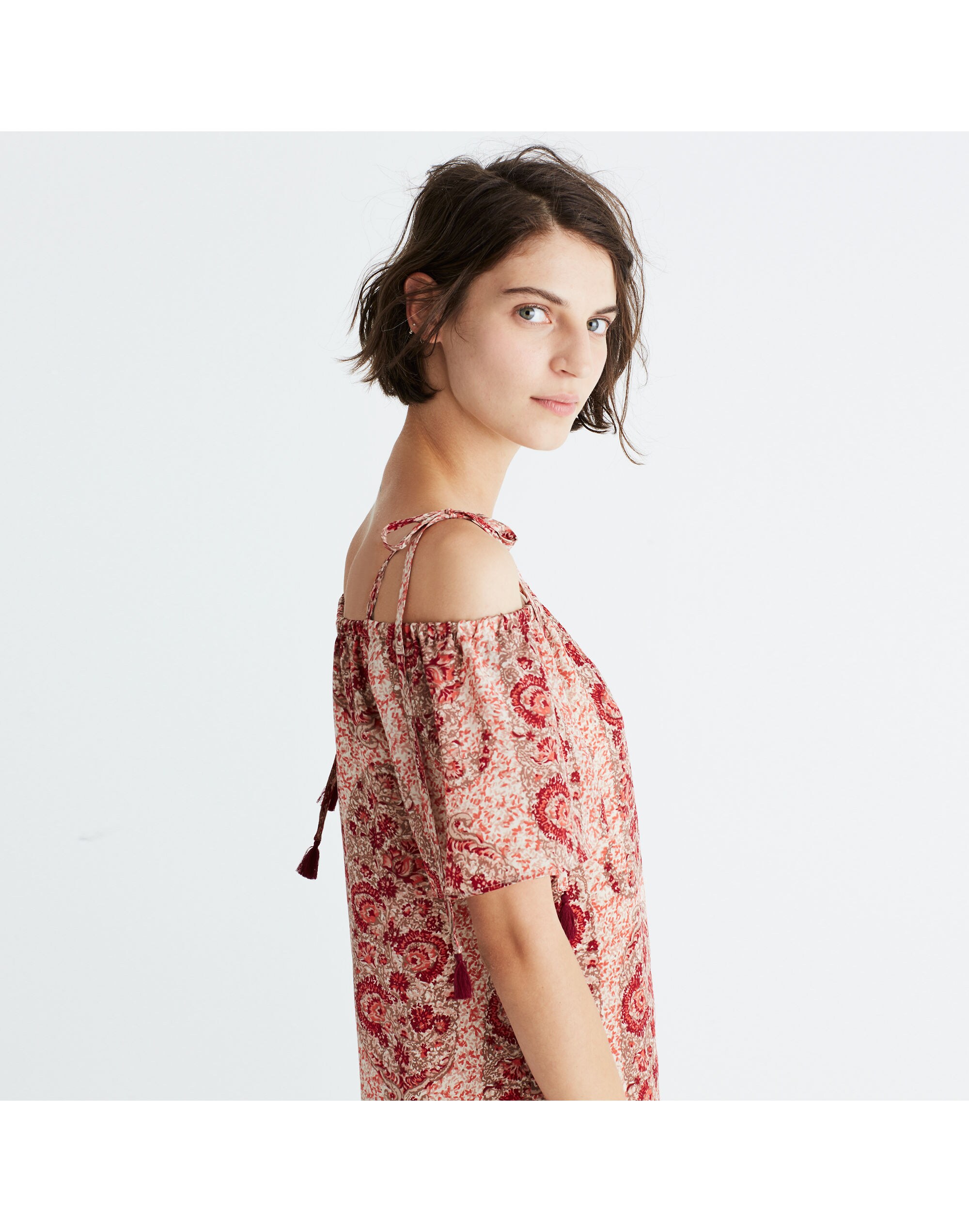 Silk Cold-Shoulder Dress in Watercolor Paisley