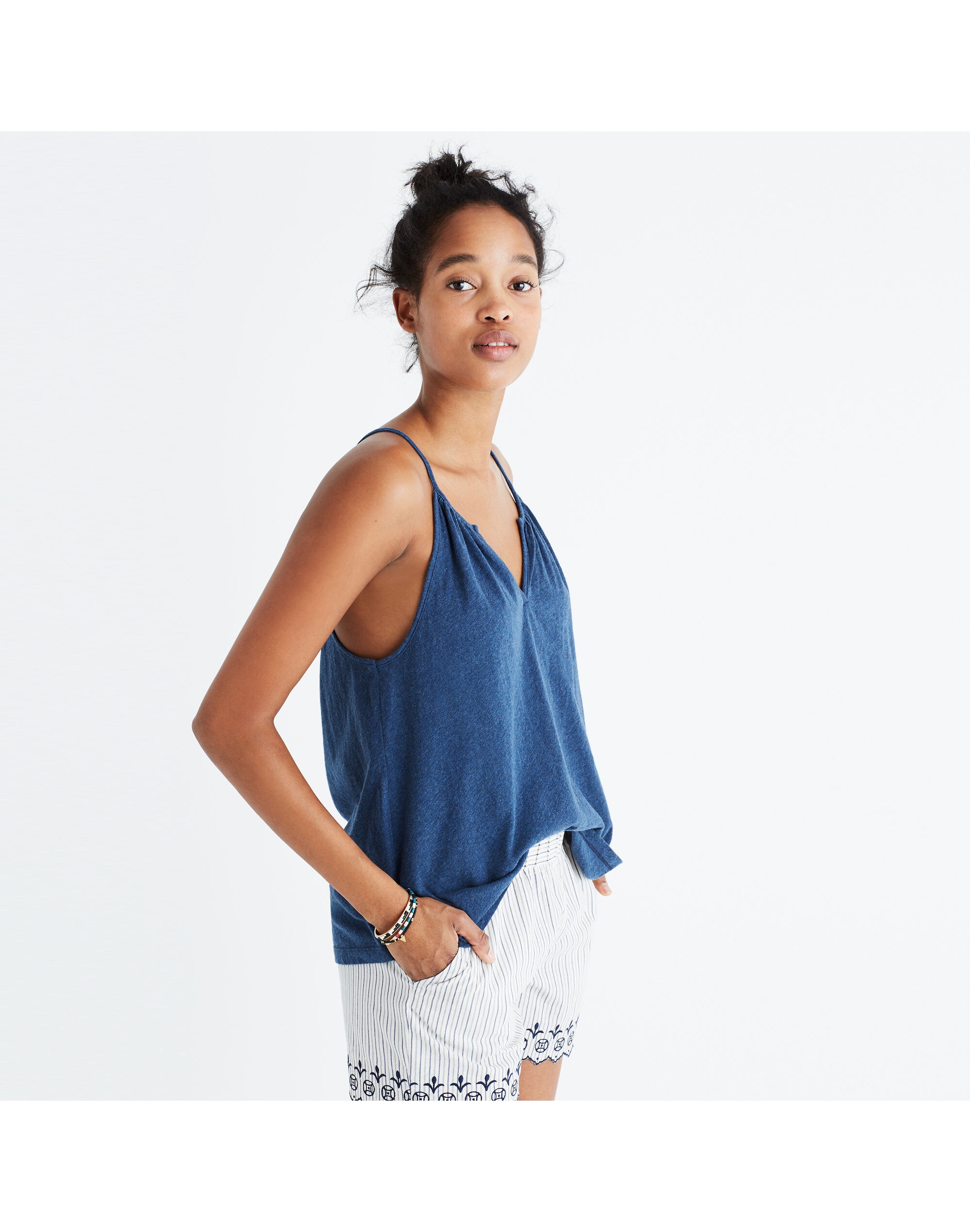 Shirred Split-Neck Tank Top