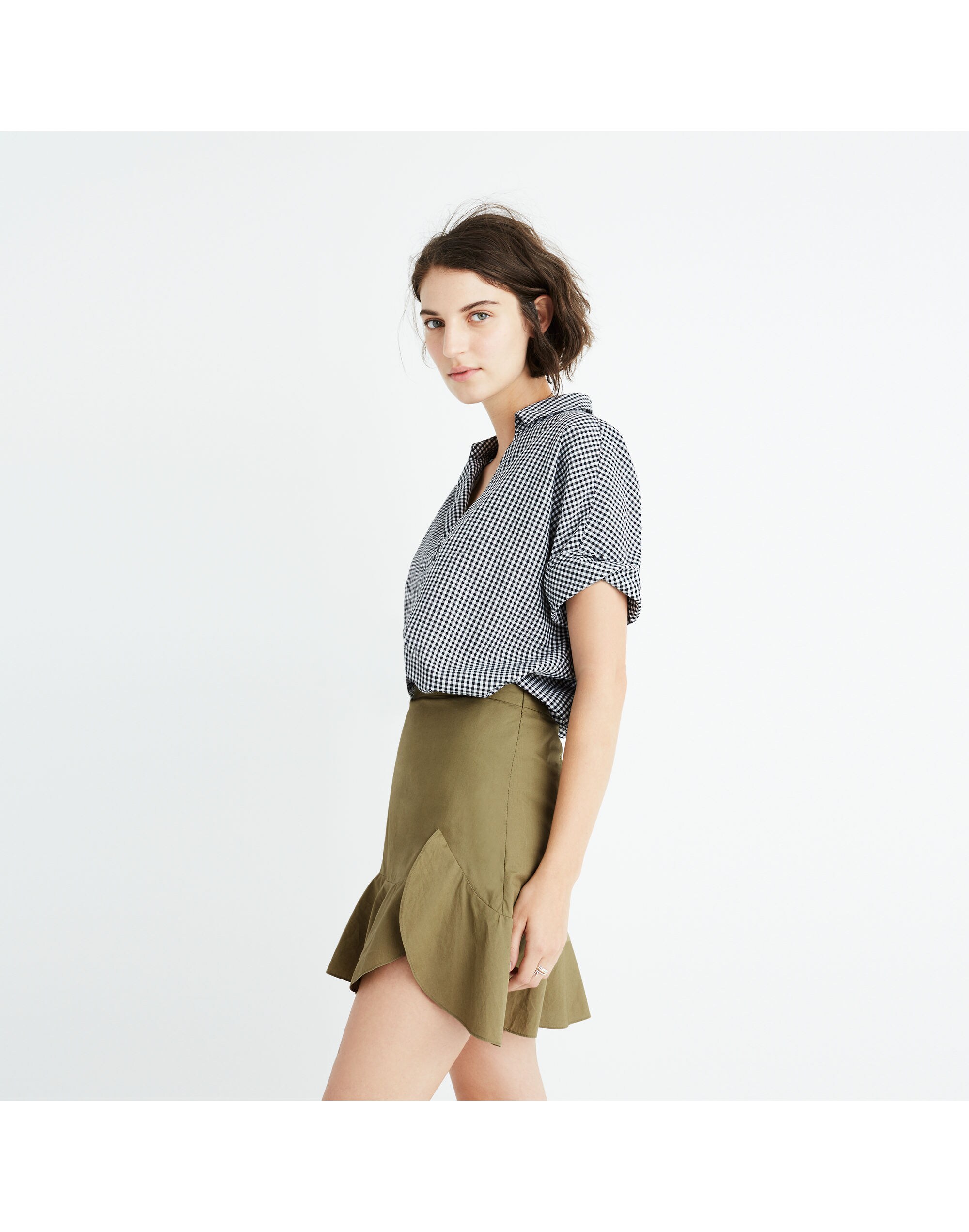 Ruffle-Wrap Mini Skirt in Expat Olive
