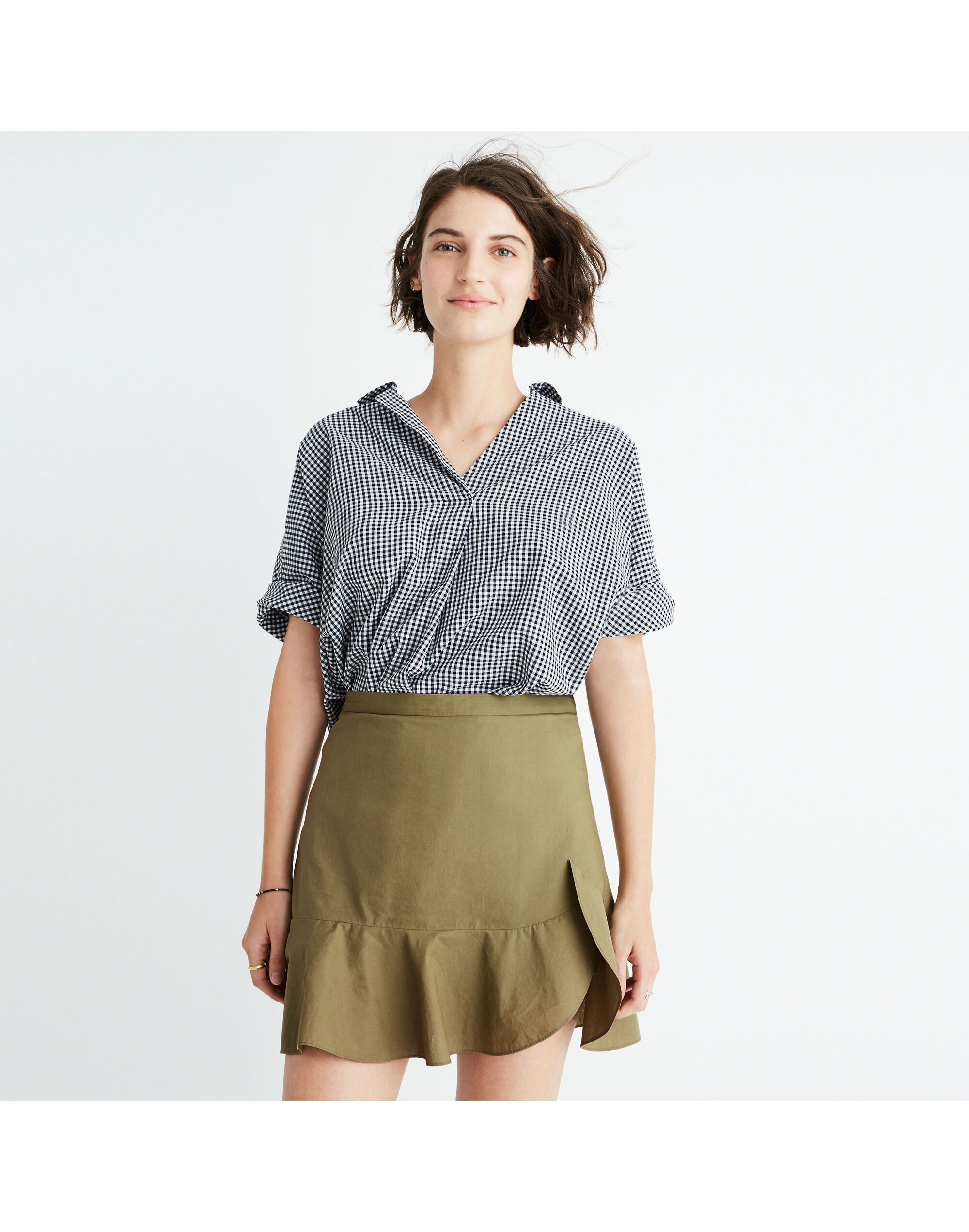 Ruffle-Wrap Mini Skirt in Expat Olive