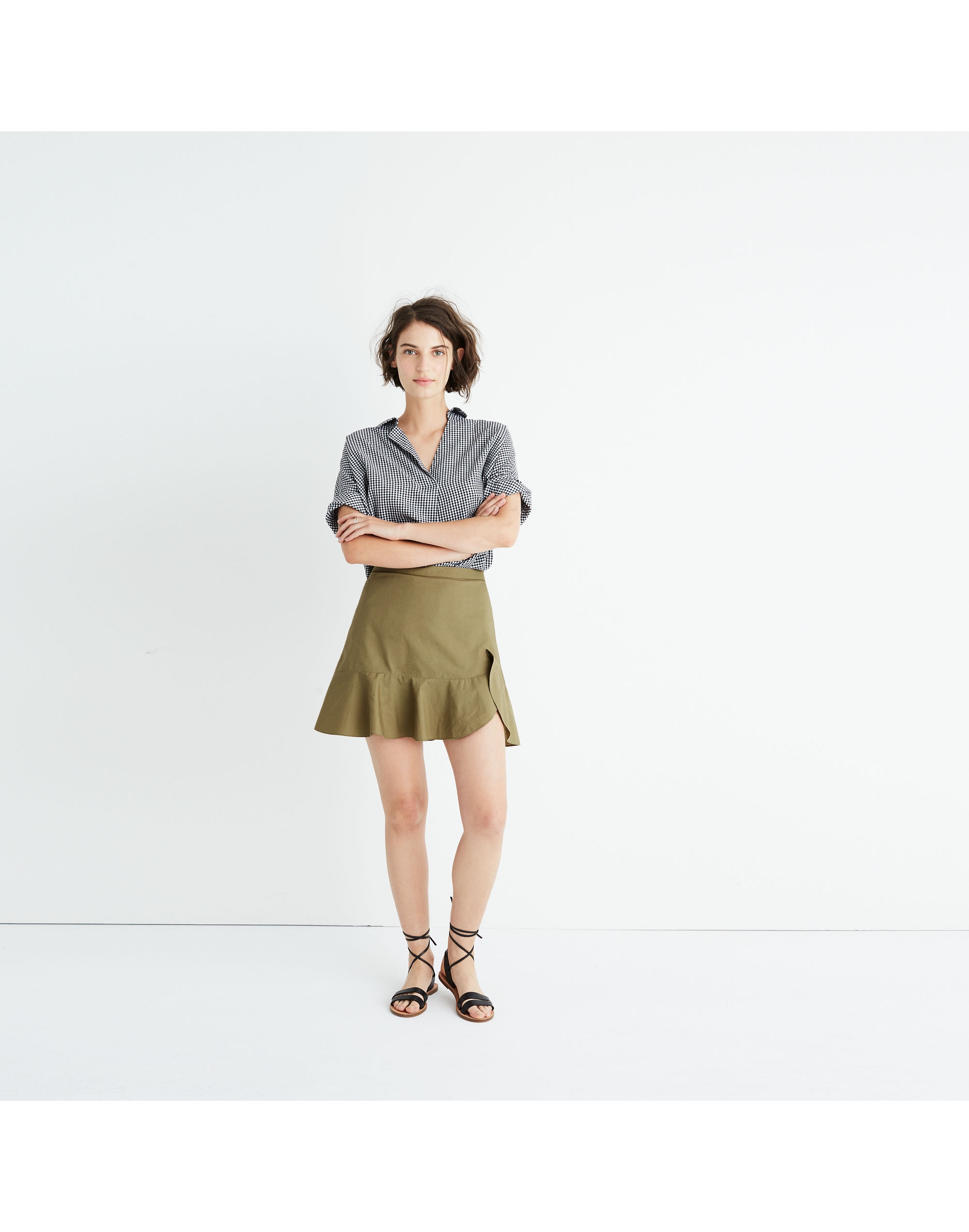 Ruffle-Wrap Mini Skirt in Expat Olive