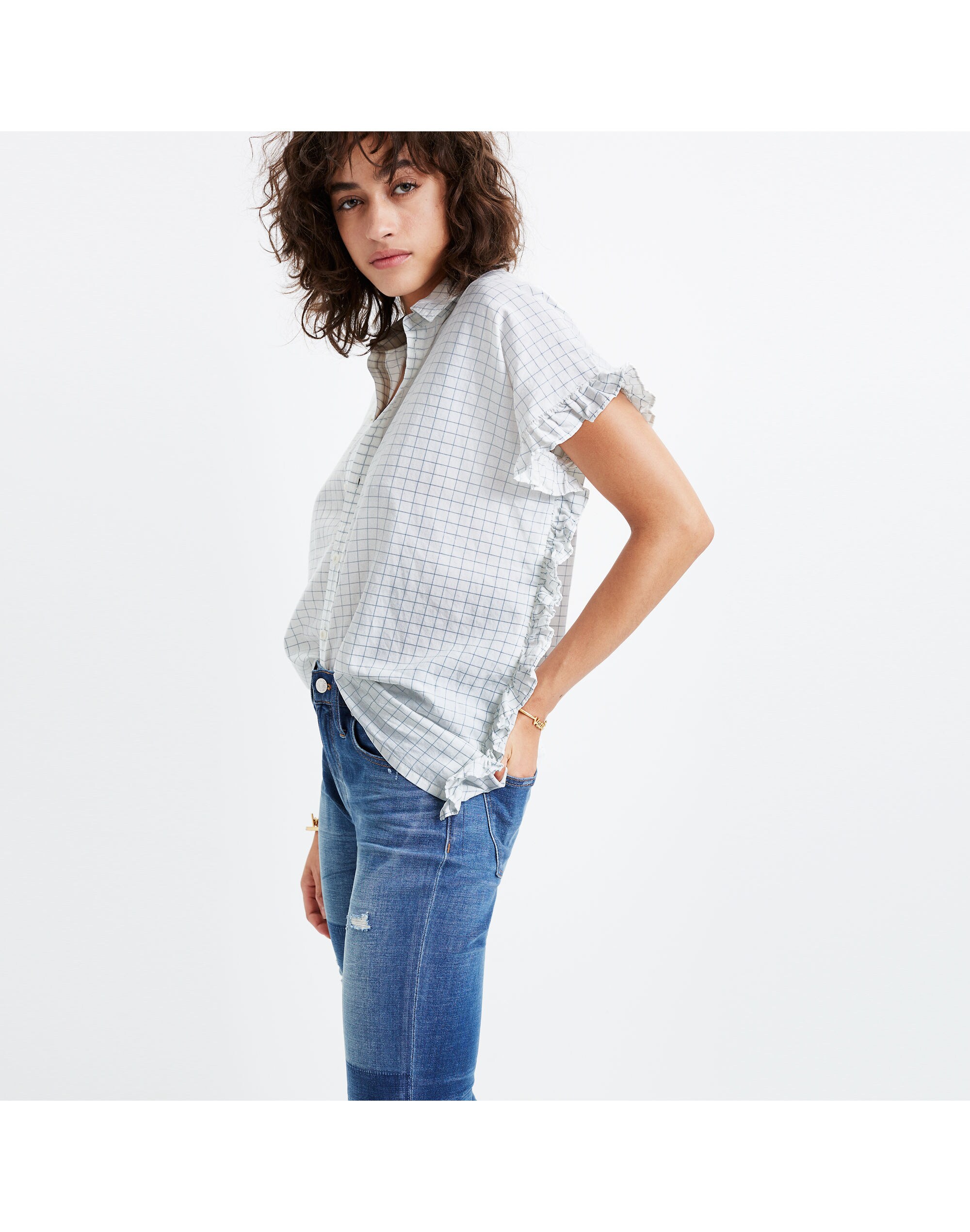 Windowpane Ruffle-Side Shirt