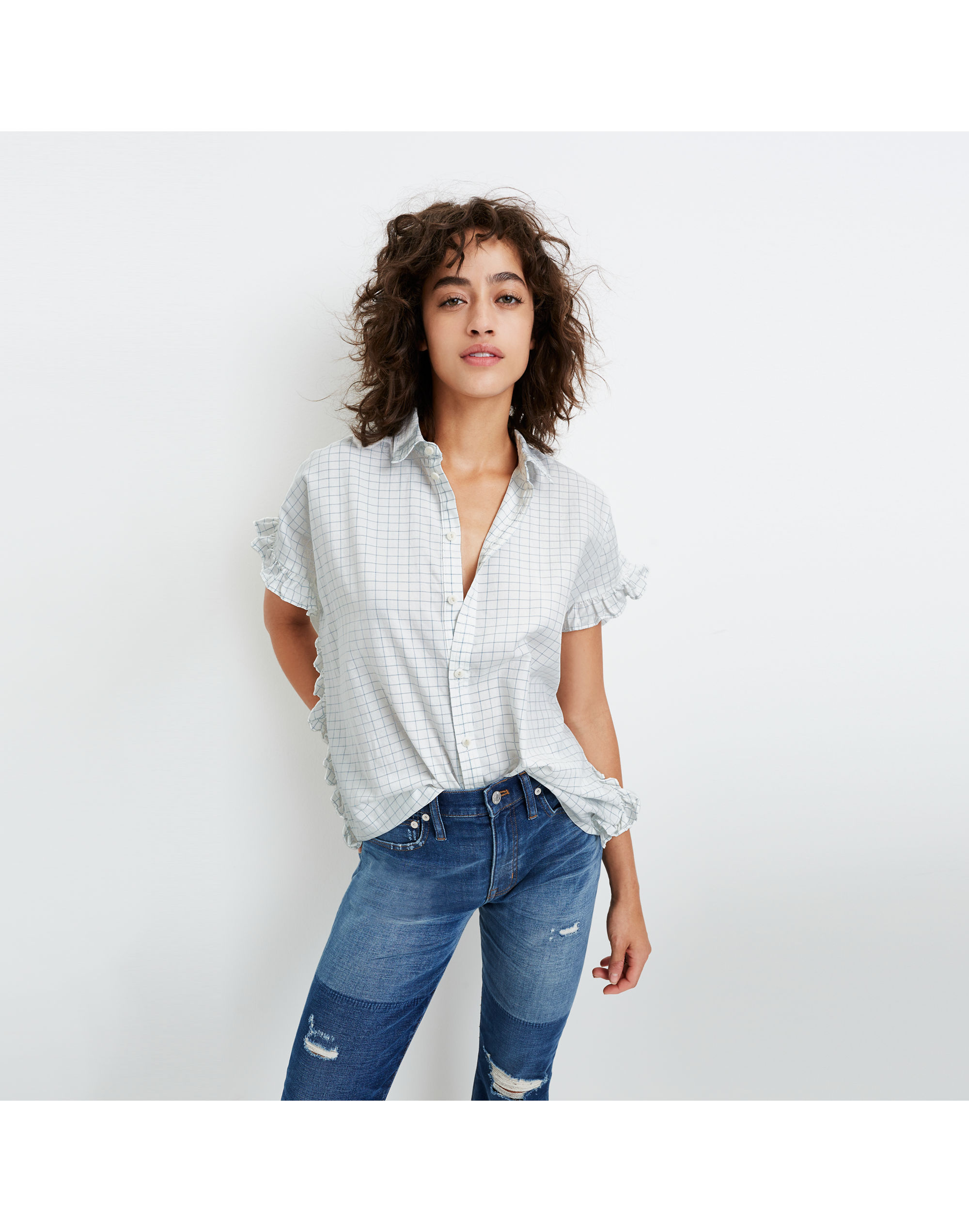 windowpane ruffle-side shirt