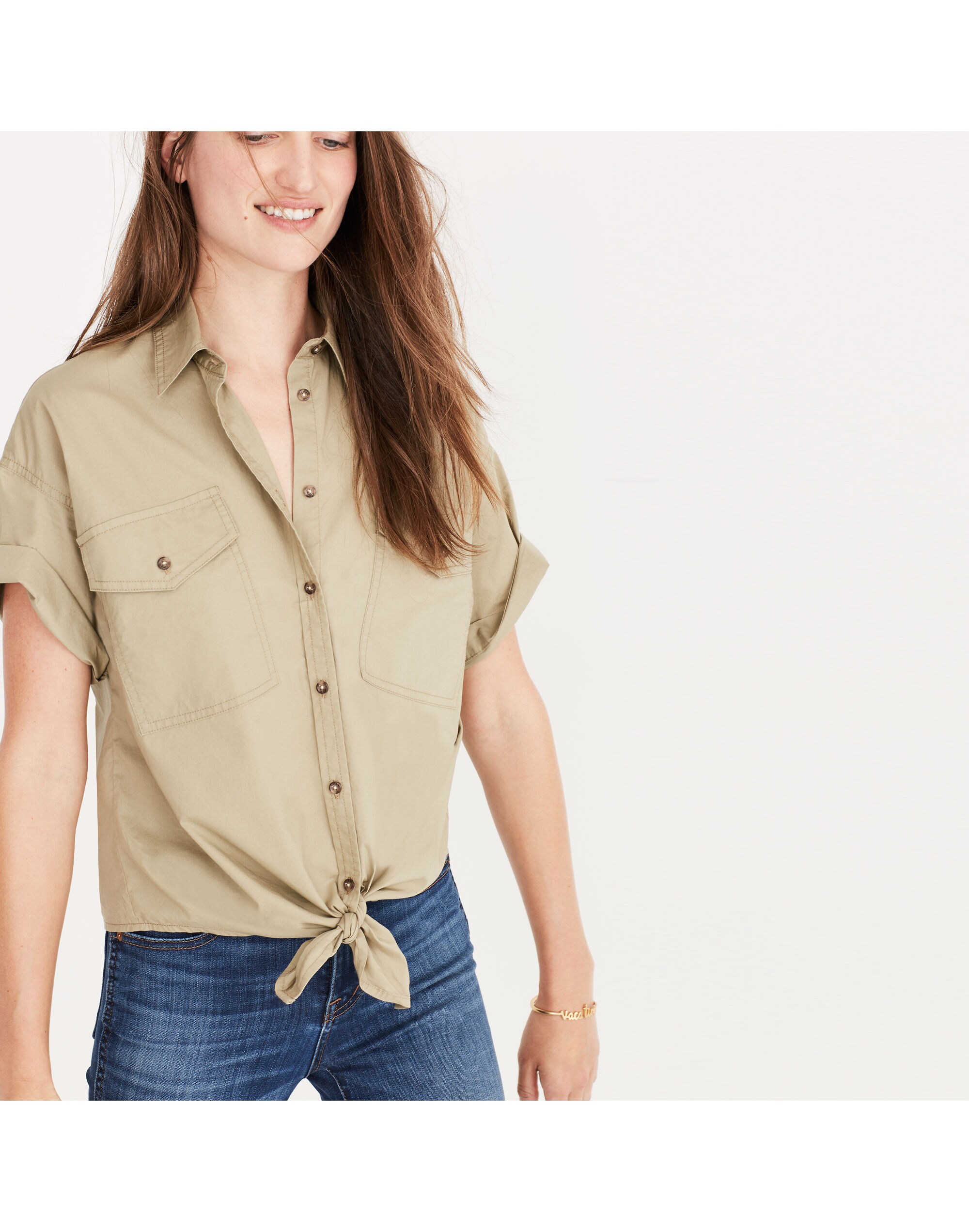 Embroidered Tie-Front Safari Shirt