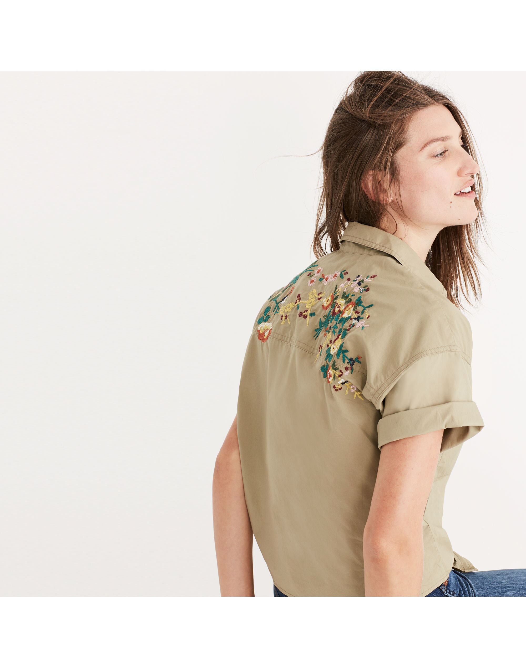 Embroidered Tie-Front Safari Shirt
