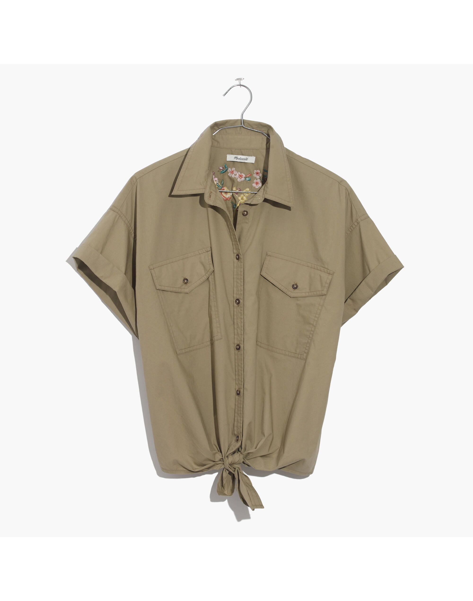 Embroidered Tie-Front Safari Shirt