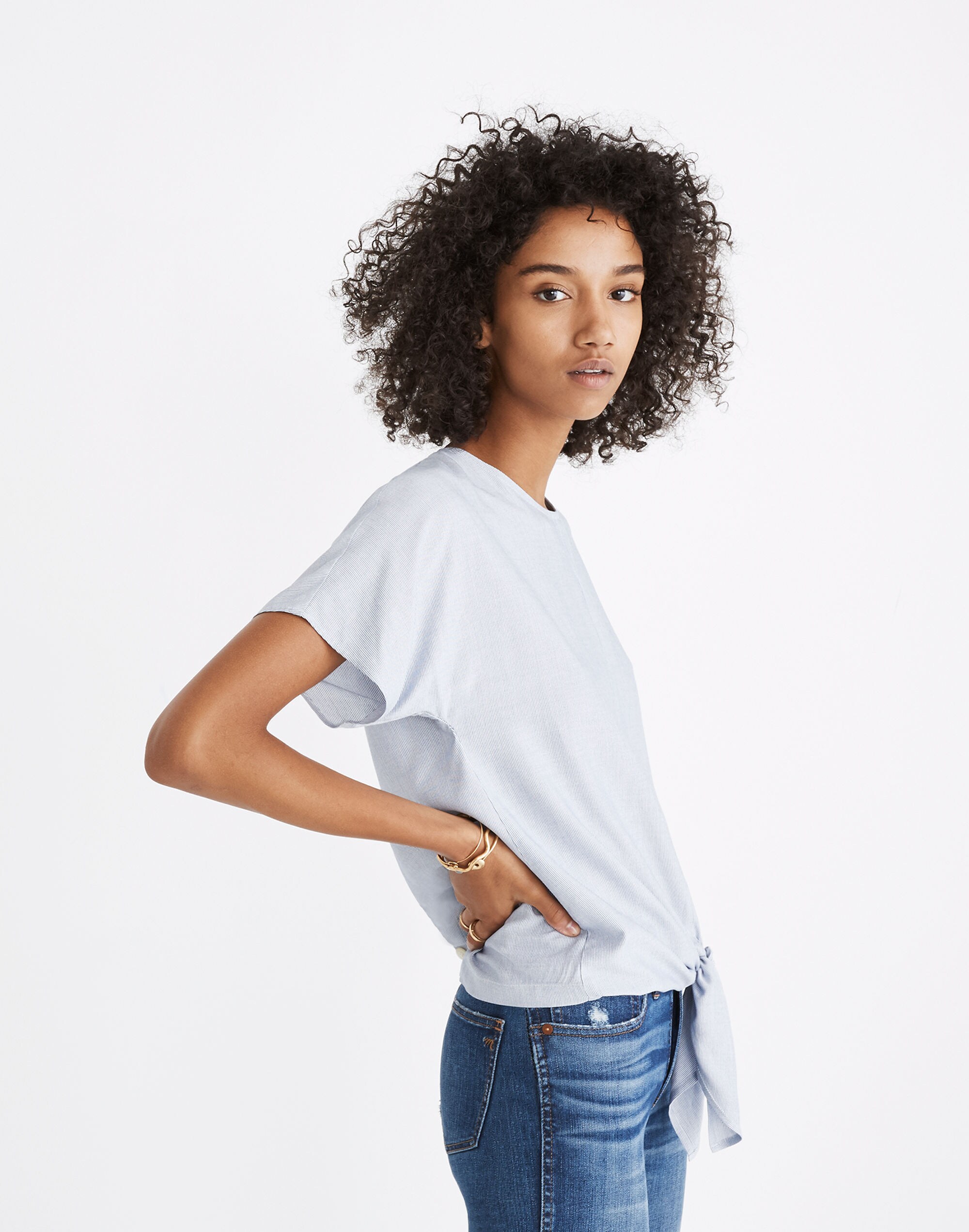 Button-Back Tie Tee in Stripe