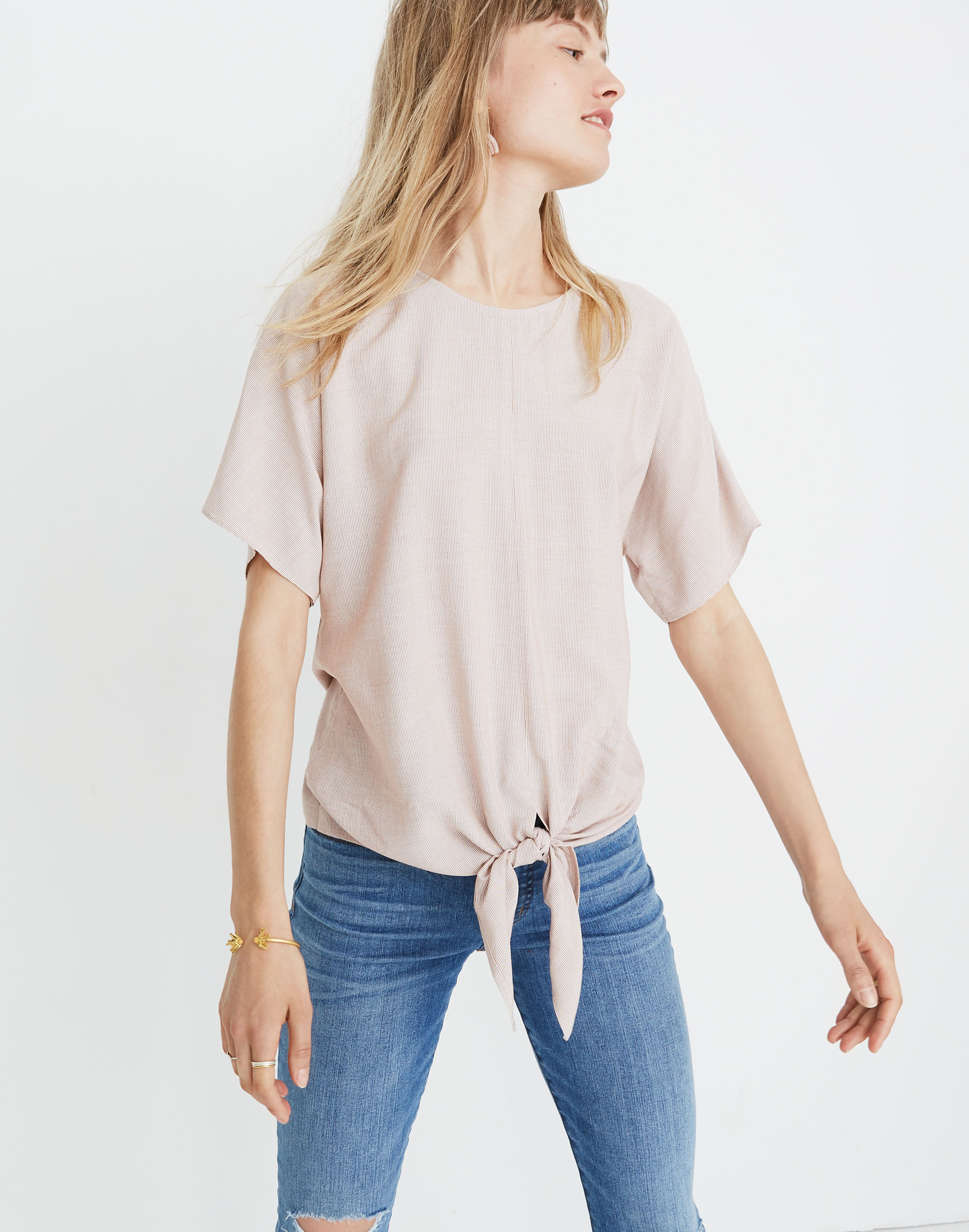 Button-Back Tie Tee in Stripe
