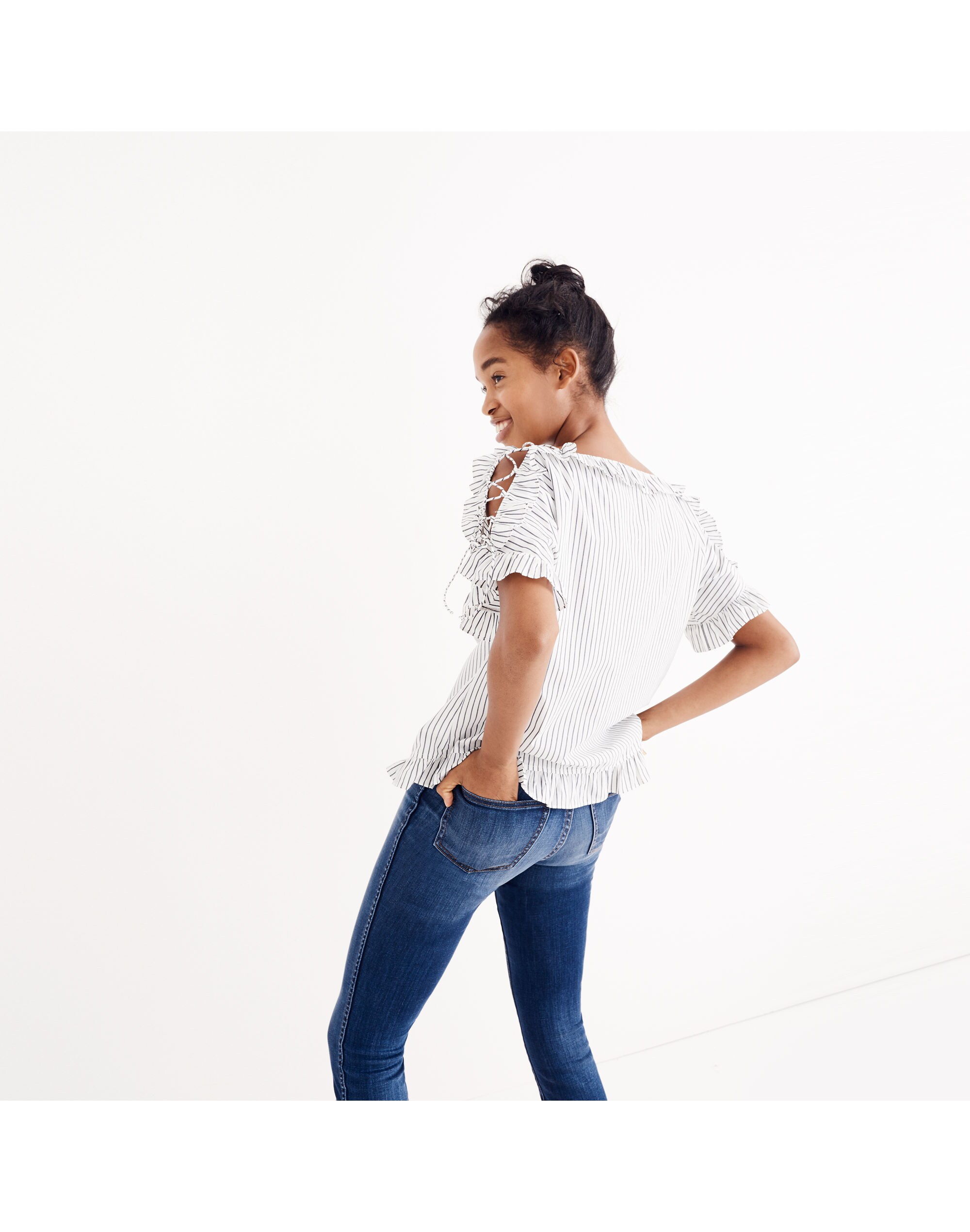 Ruffled Lace-Up Top in Stripe