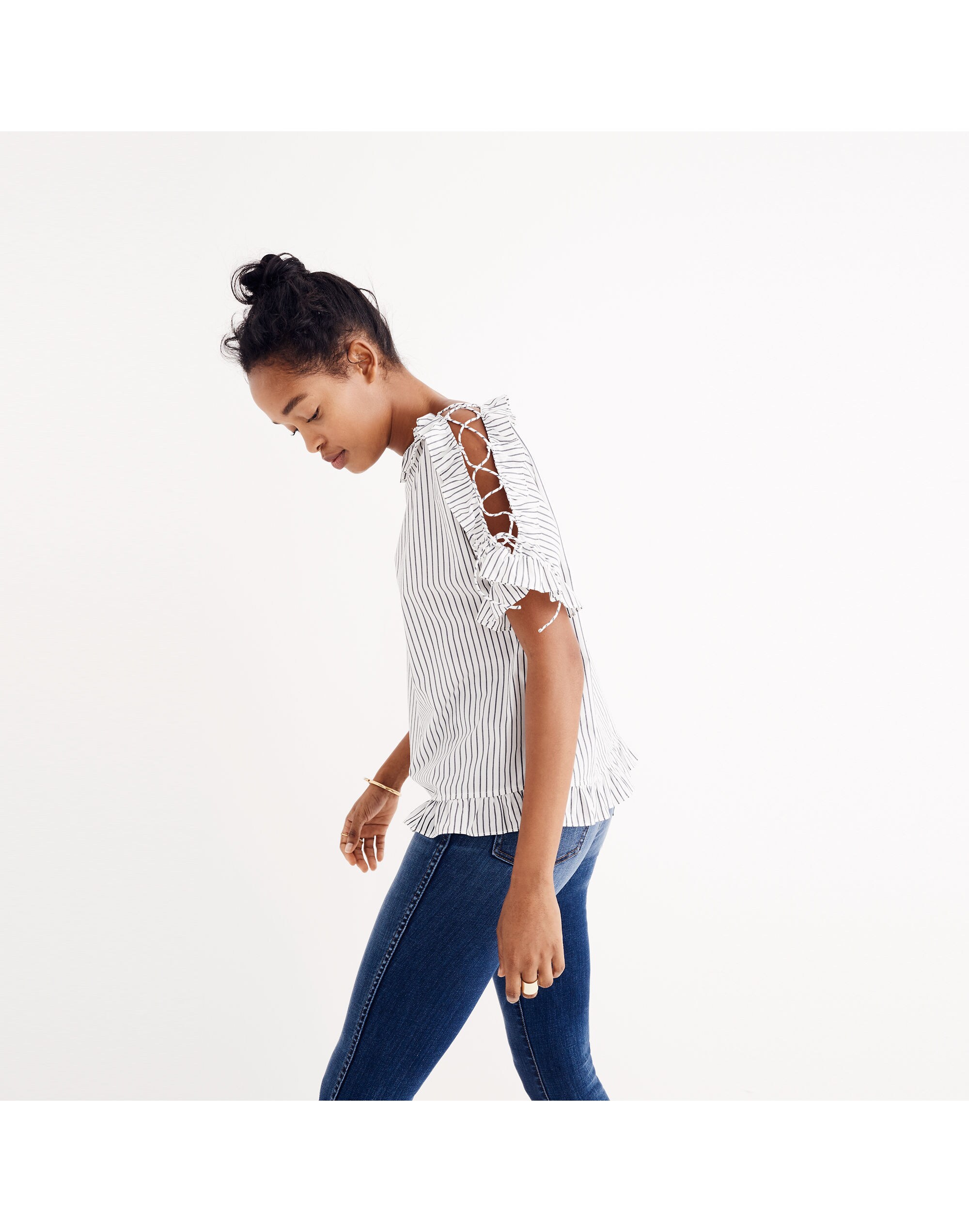 Ruffled Lace-Up Top in Stripe