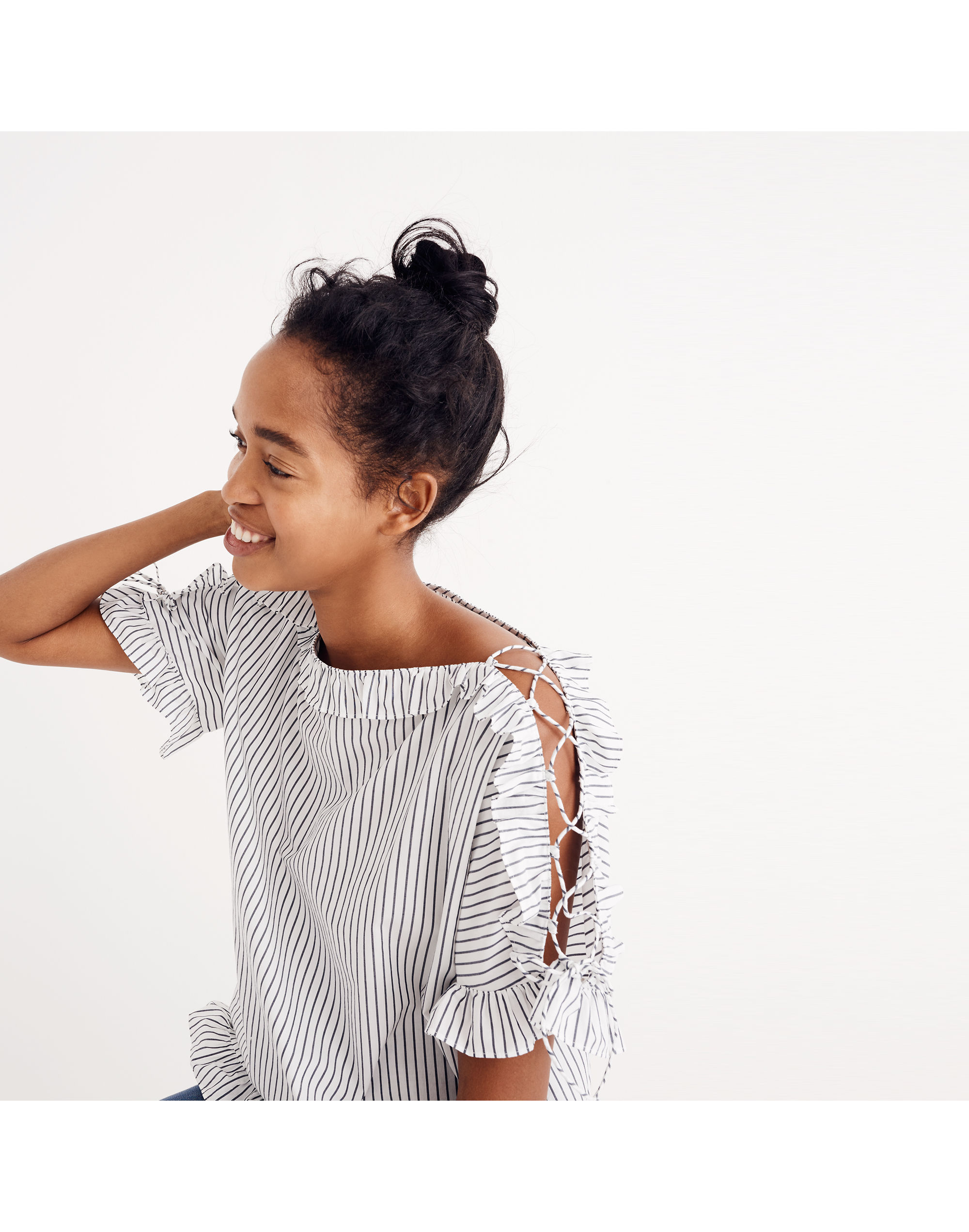 Ruffled Lace-Up Top in Stripe