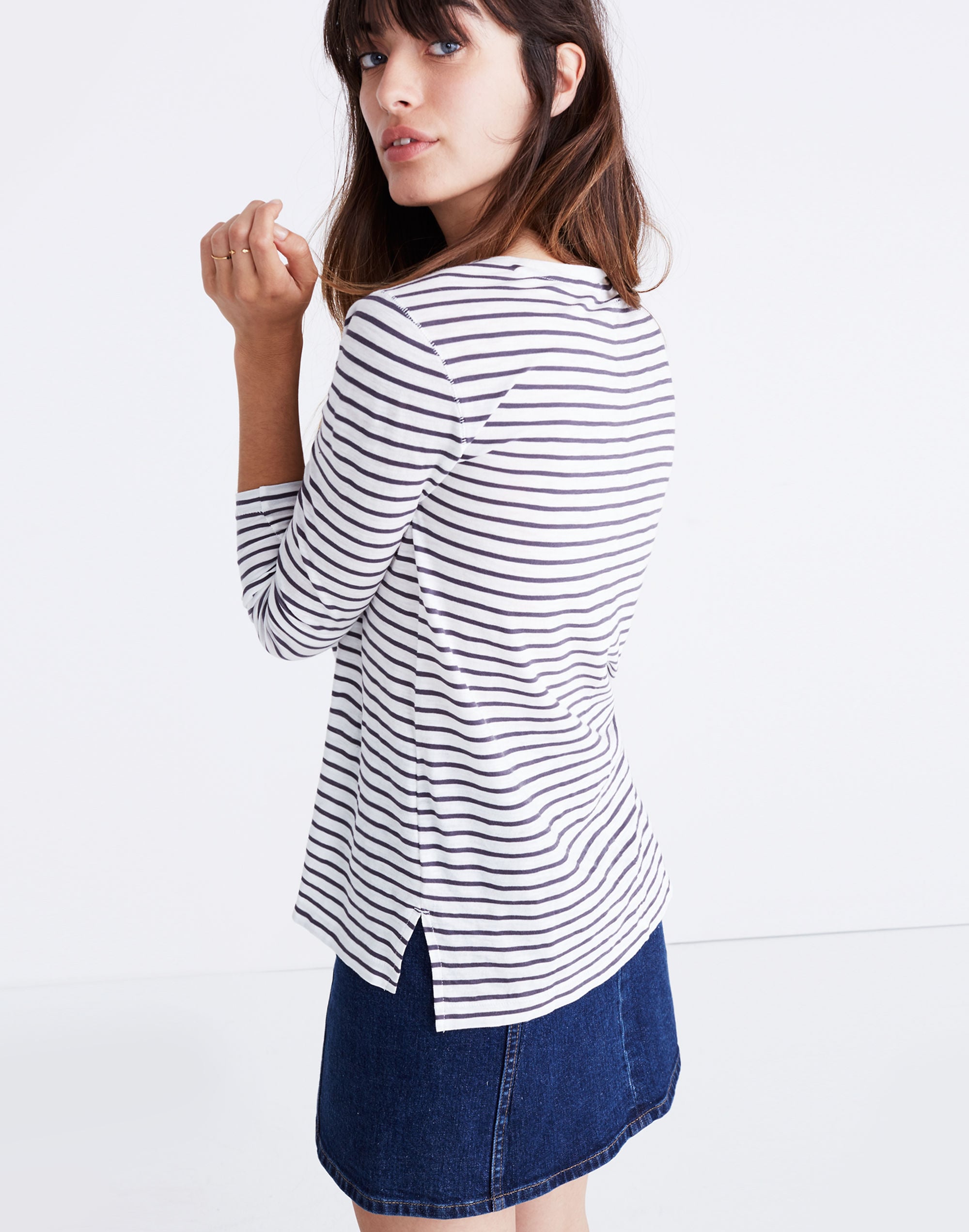 Whisper Cotton Long-Sleeve Crewneck Tee in Alameda Stripe