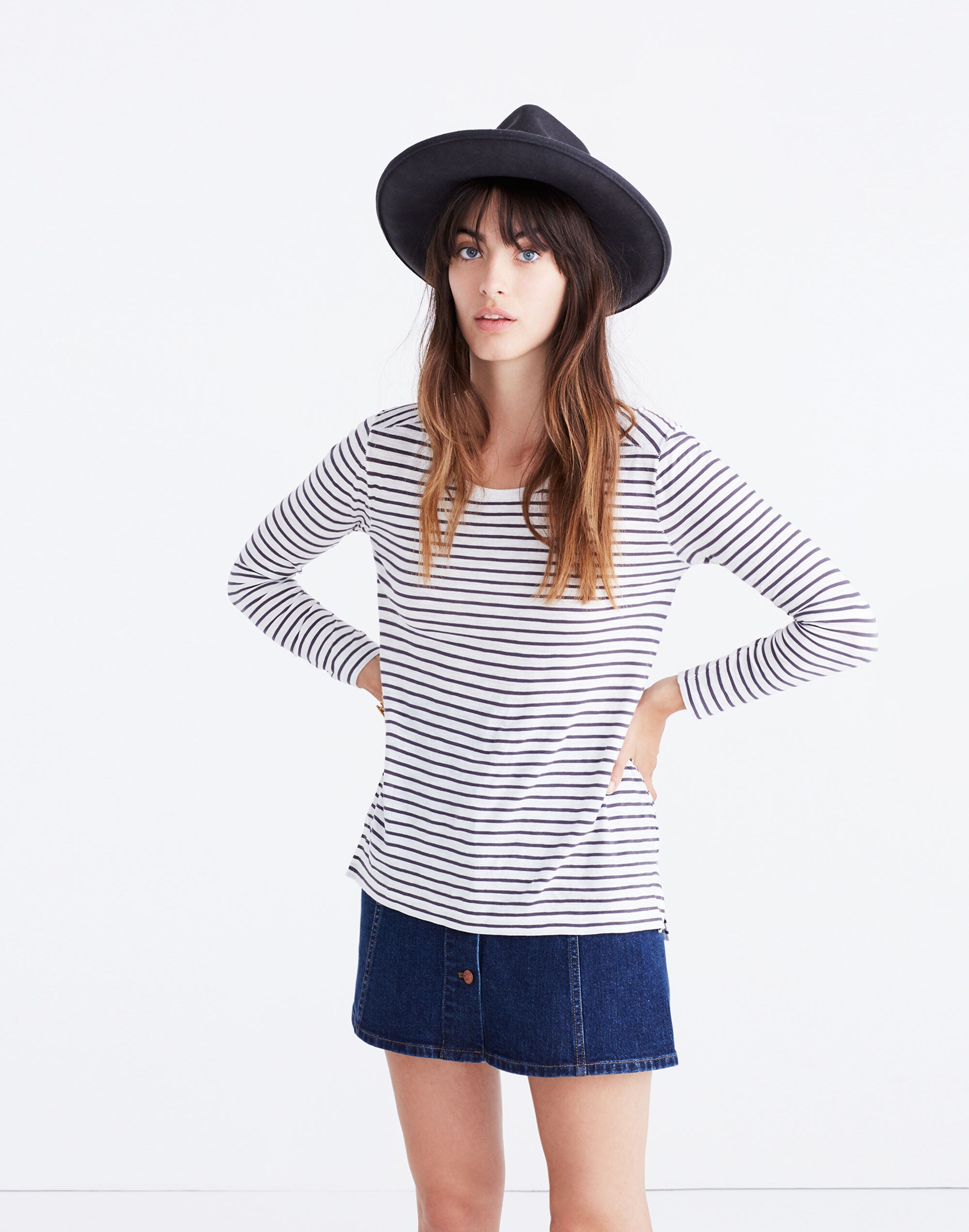Whisper Cotton Long-Sleeve Crewneck Tee in Alameda Stripe