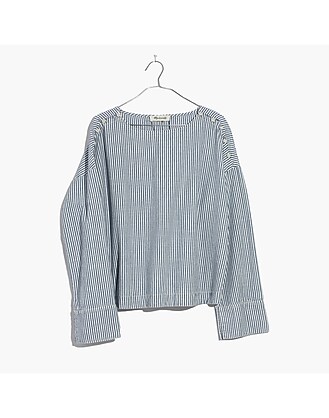  Convertible Cold-Shoulder Top in Chambray Stripe