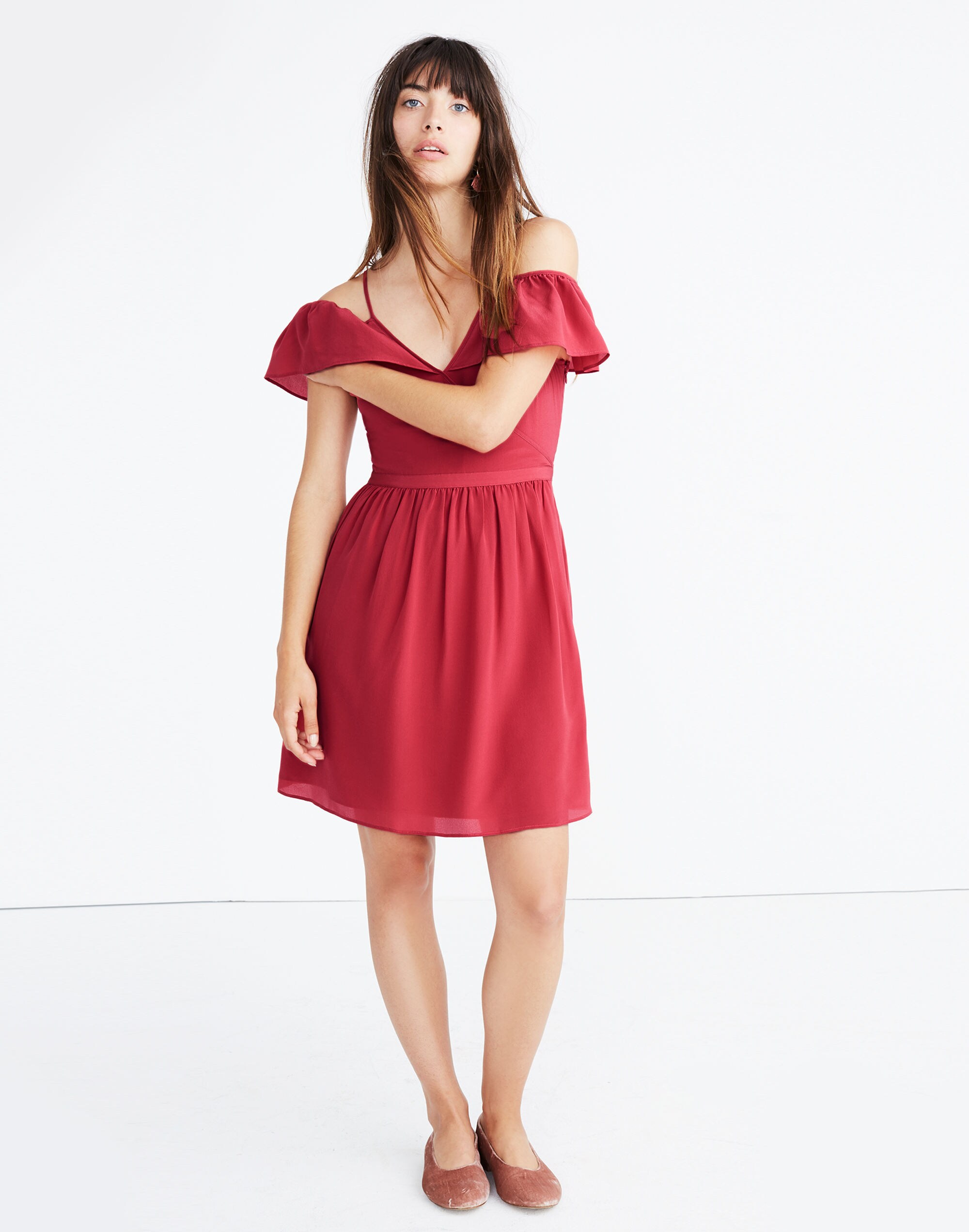 Silk Cold-Shoulder Ruffle Dress