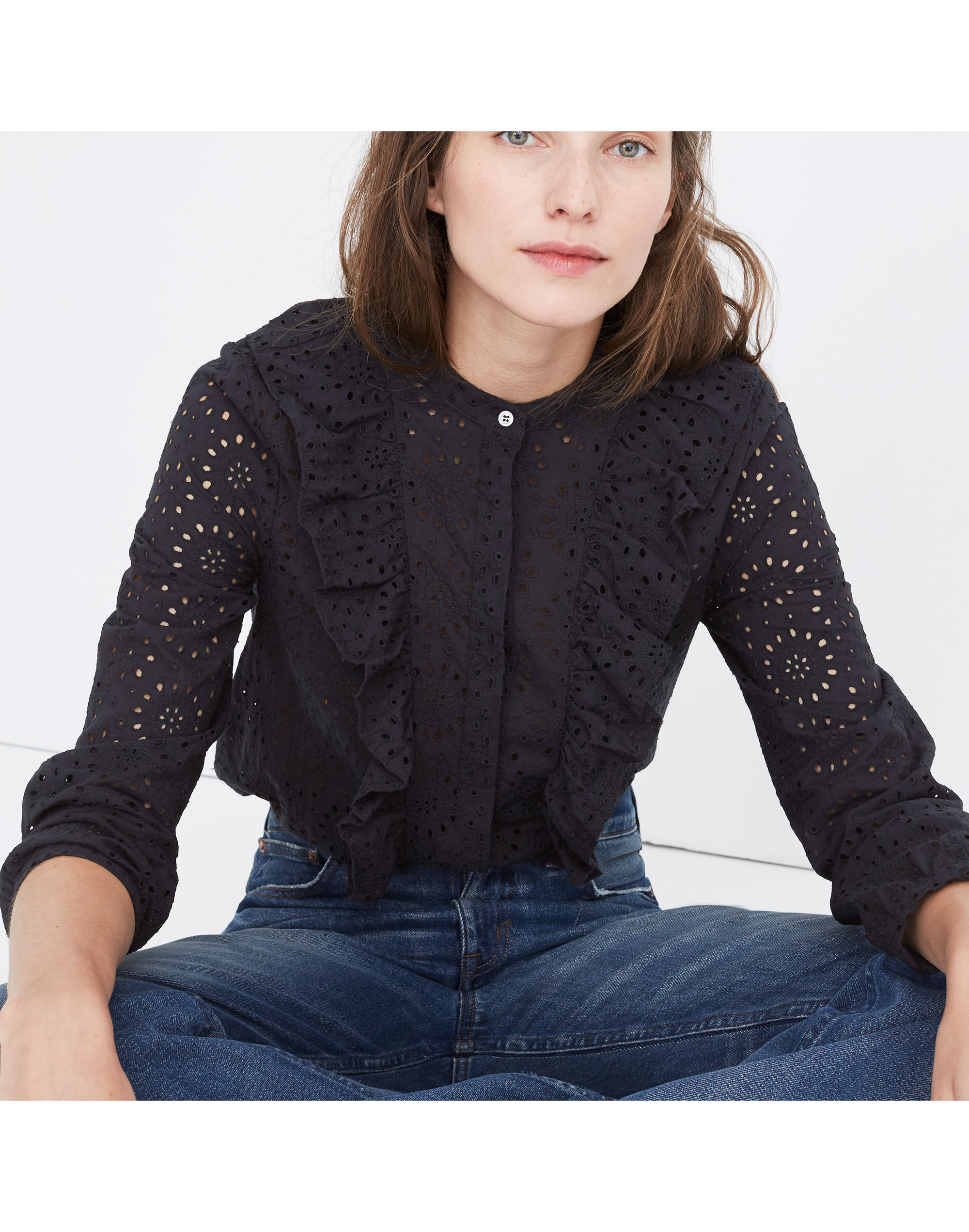 Eyelet Ruffle-Front Blouse