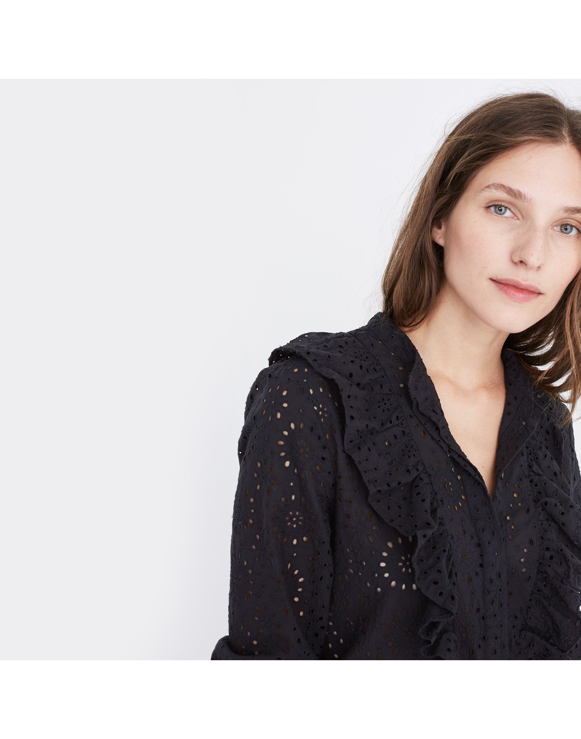 Eyelet Ruffle-Front Blouse