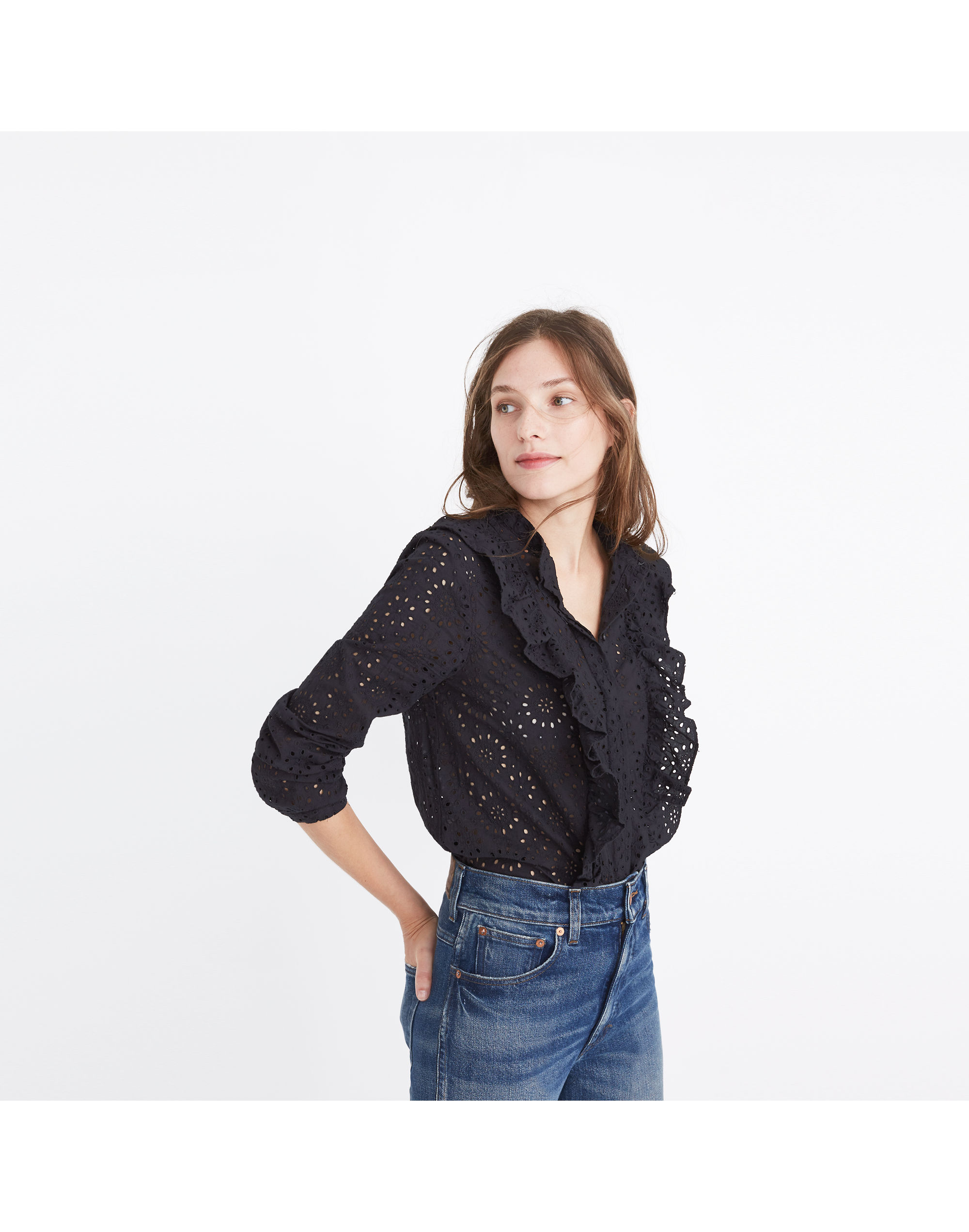 eyelet ruffle-front blouse
