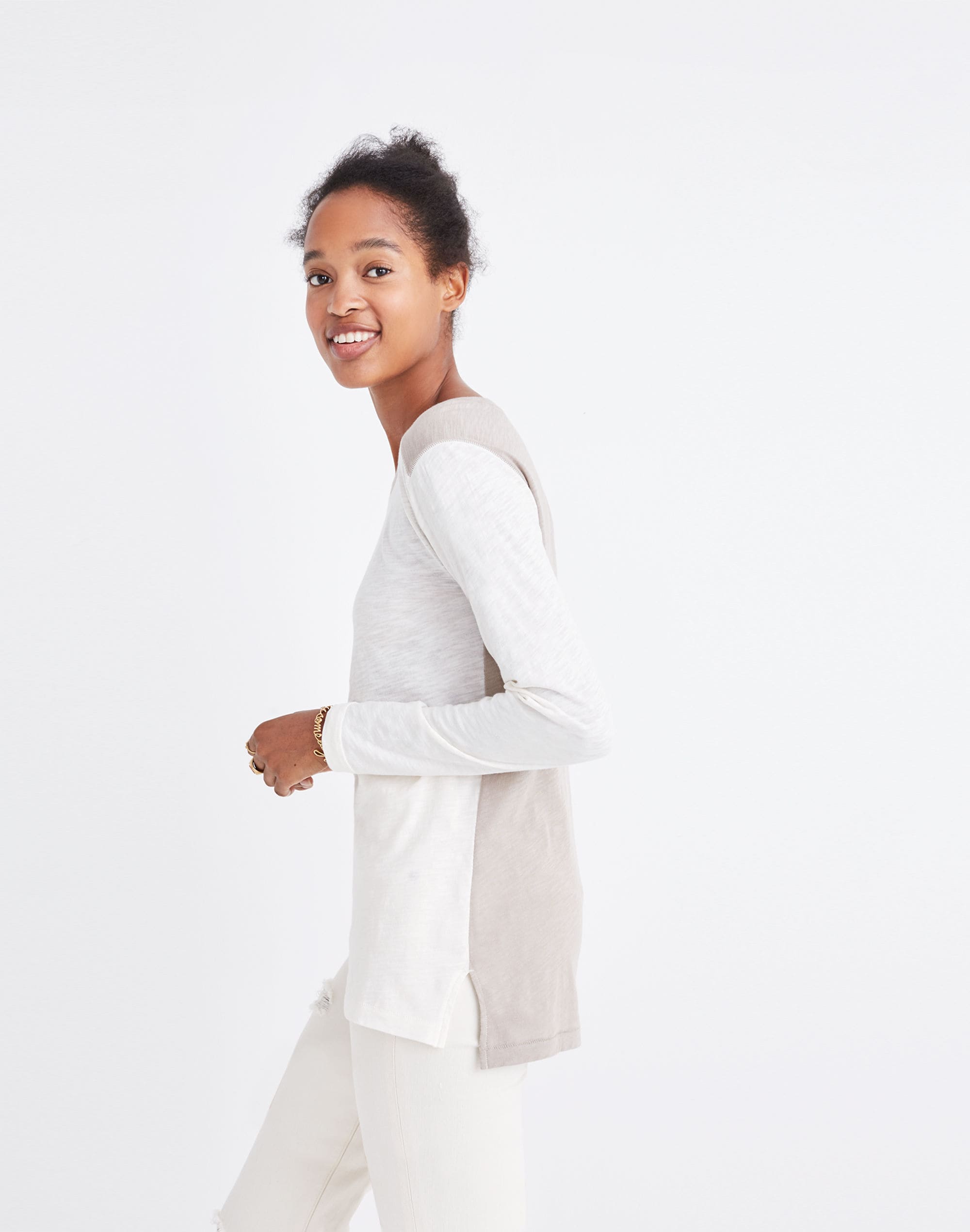 Whisper Cotton Long-Sleeve Crewneck Tee in Colorblock