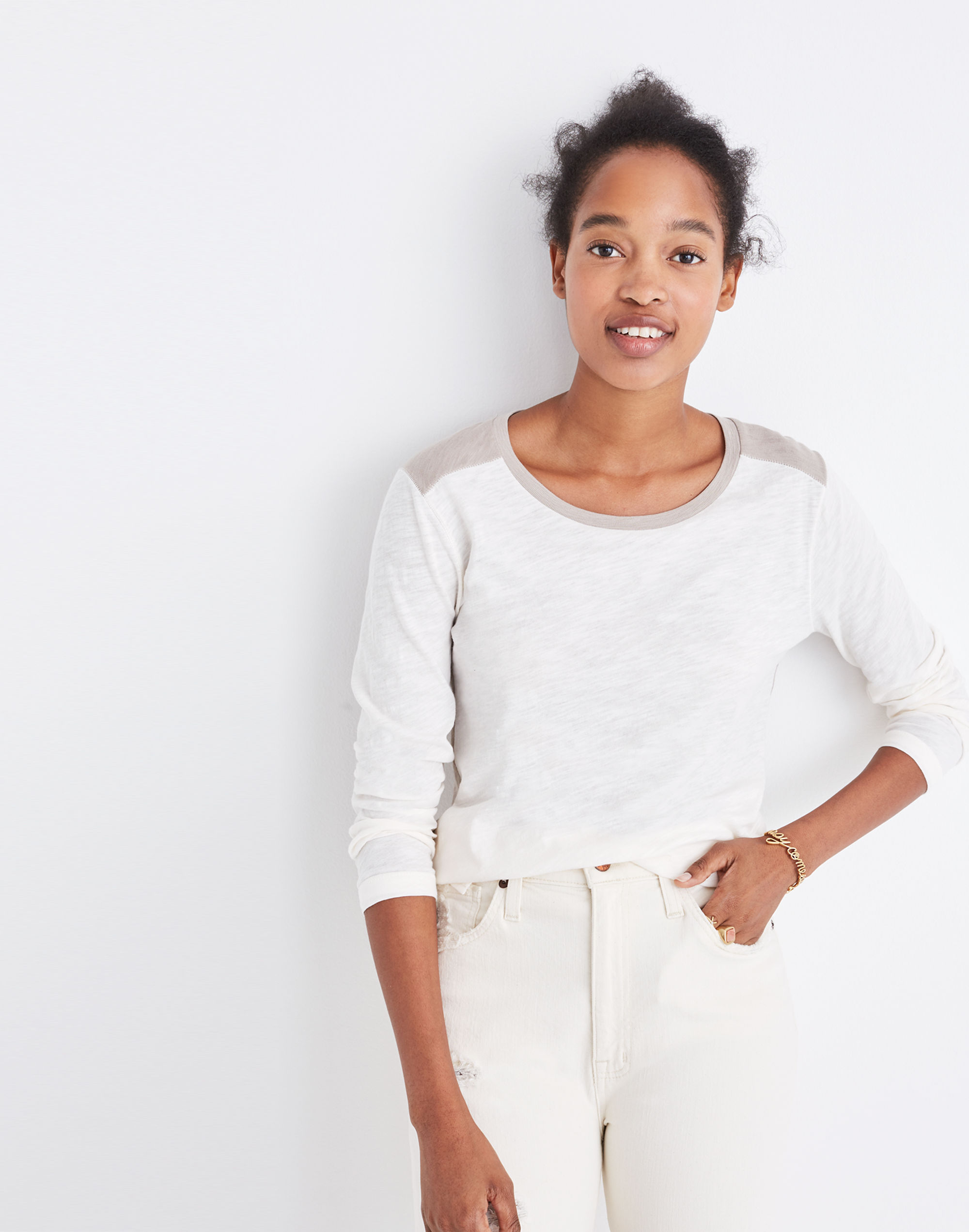 whisper cotton long-sleeve crewneck tee in colorblock