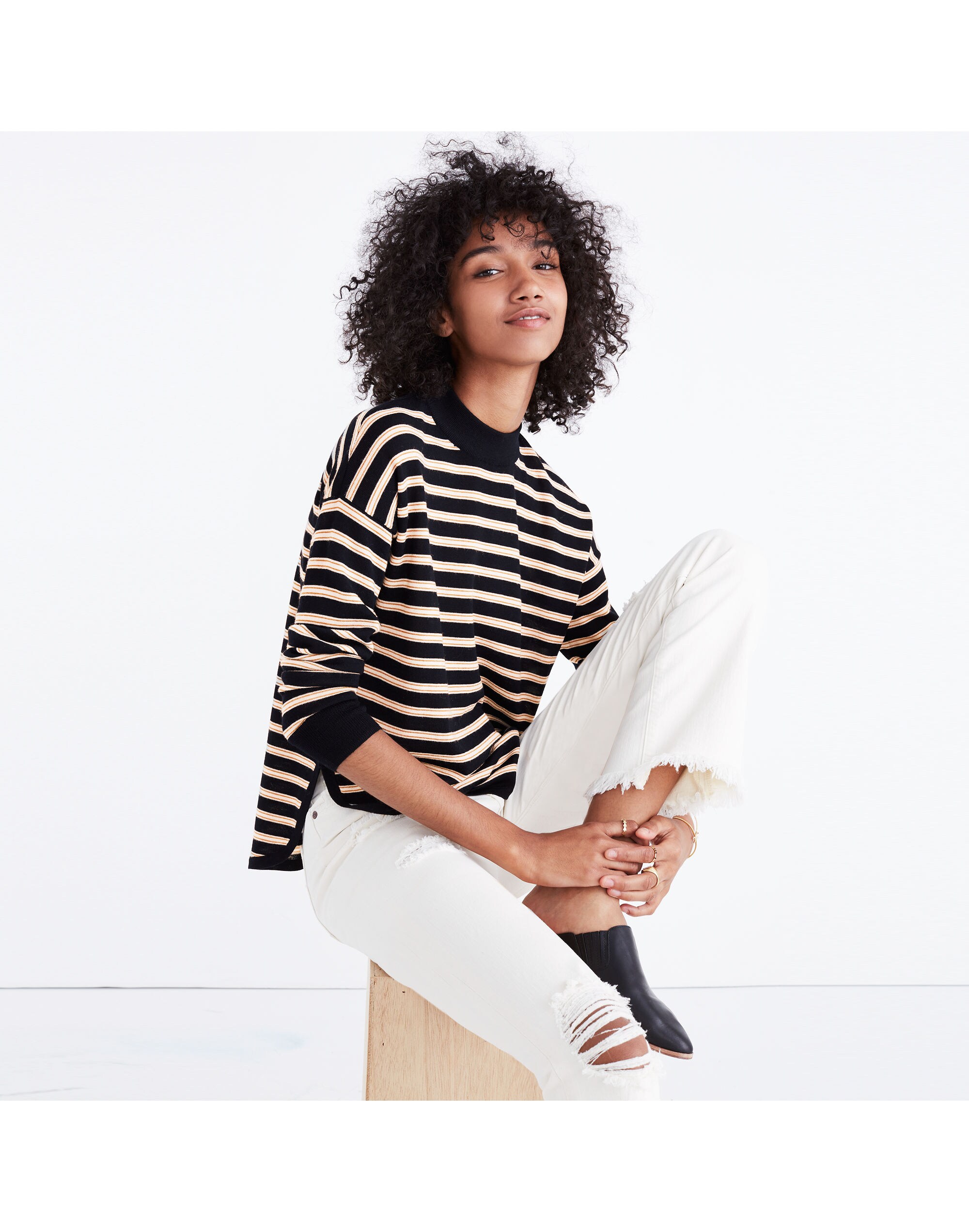 mockneck boxy pullover sweater in stripe